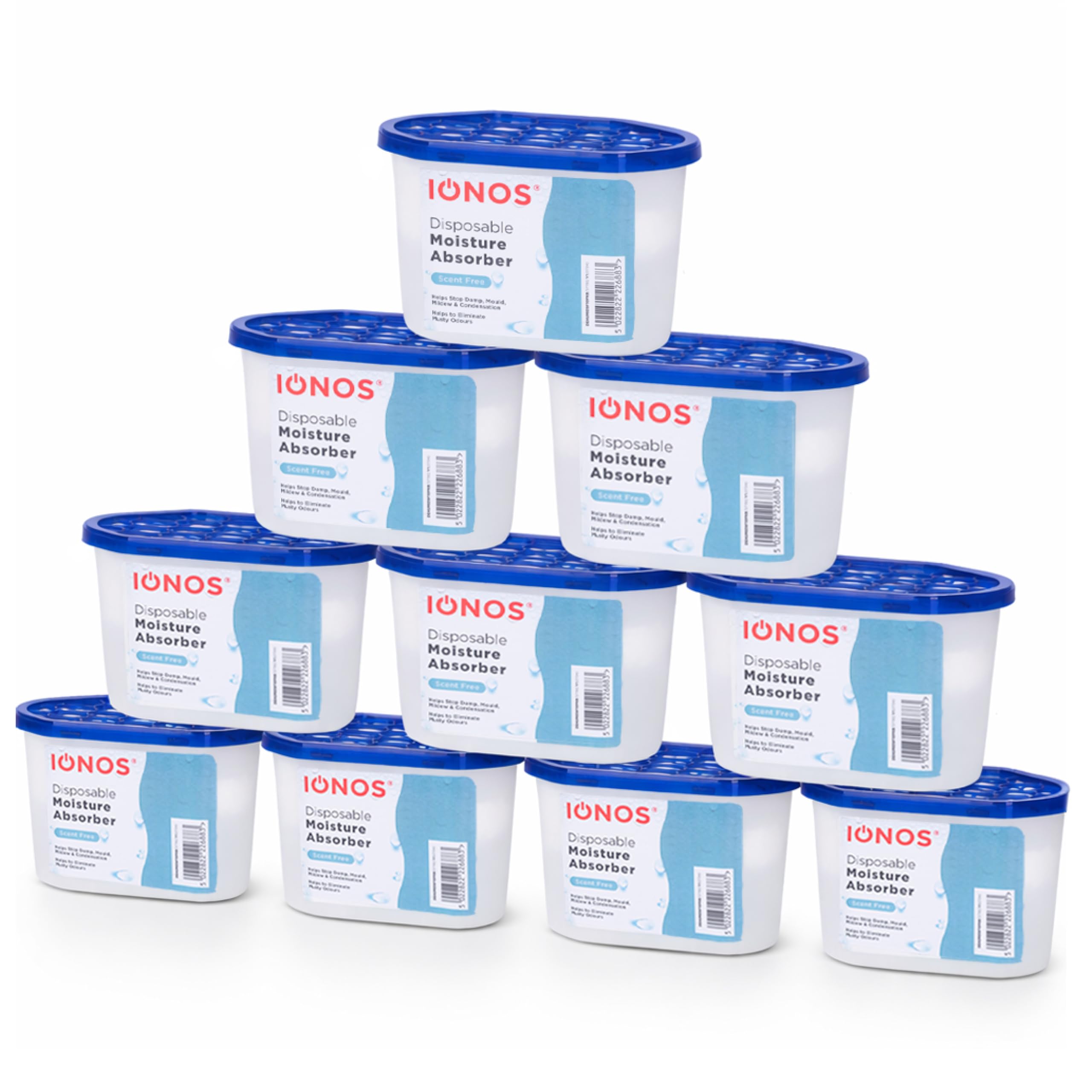 STATUS: IONOS 500ml Disposable Dehumidifier Moisture Absorber with Scent Free Crystals for Damp, Condensation and Mould Control, 10 Pack, White (DEHUMIDSF10PKB)