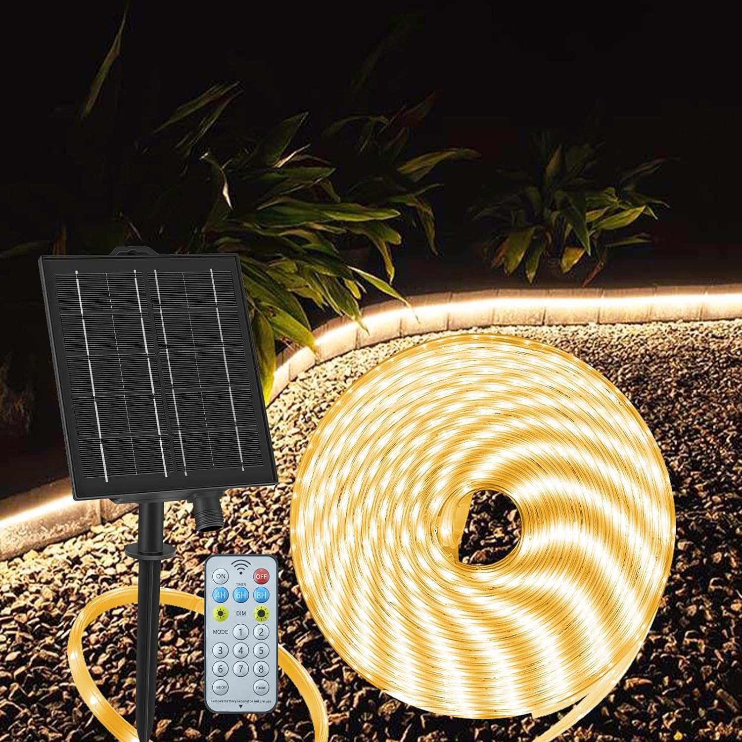 ZAIYW Zewnętrzna taśma solarna 10 m, wodoodporna IP68, 200 diod LED z pilotem zdalnego sterowania włączanie/wyłączanie, podwórko, dekoracja ogrodowa (ciepła biel)