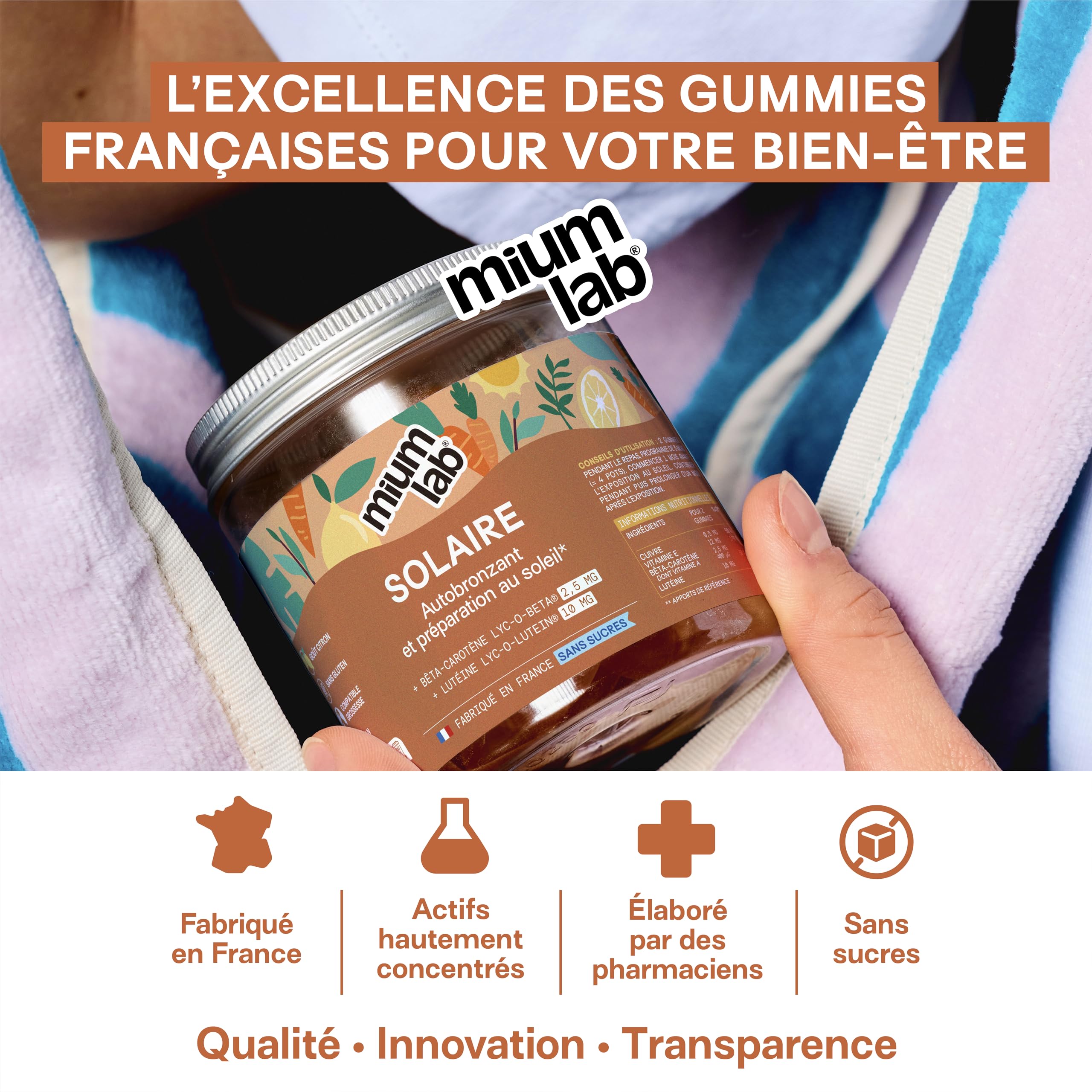 Mium Lab - Gummies Solaire - Complément Alimentaire Bronzage - Prépare la Peau au Soleil, Prolonge & Accélère bronzage - Bêta-carotène, Vit E, Cuivre - Sans Sucres - Cure 63J - Fabriqué en France