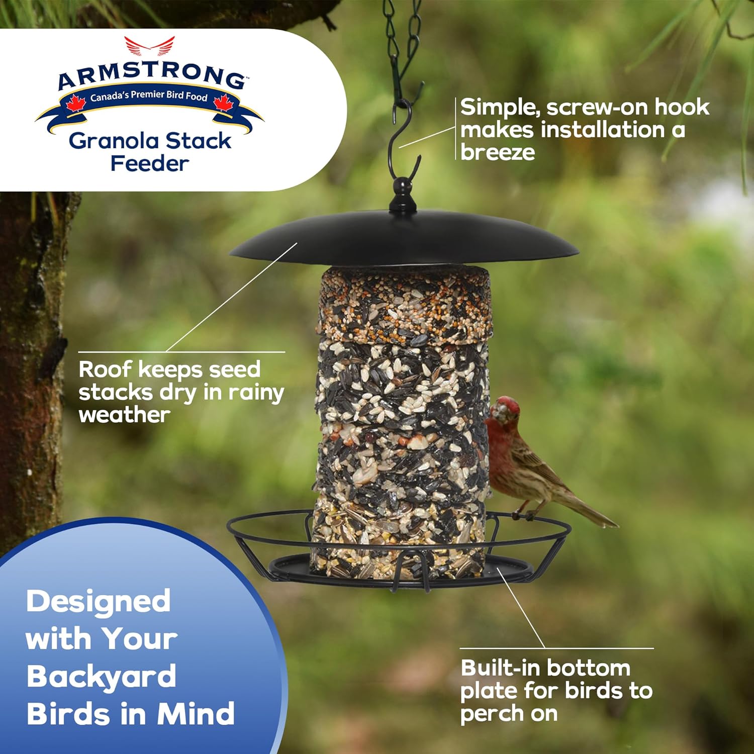 Armstrong Royal Jubilee Granola Stack Feeder, Black, 12 Inches - Durable, Weather-Resistant Hanging Bird Feeder for Granola Stacks & Seed Cylinders - Easy-to-Use Design for Attracting Wild Birds