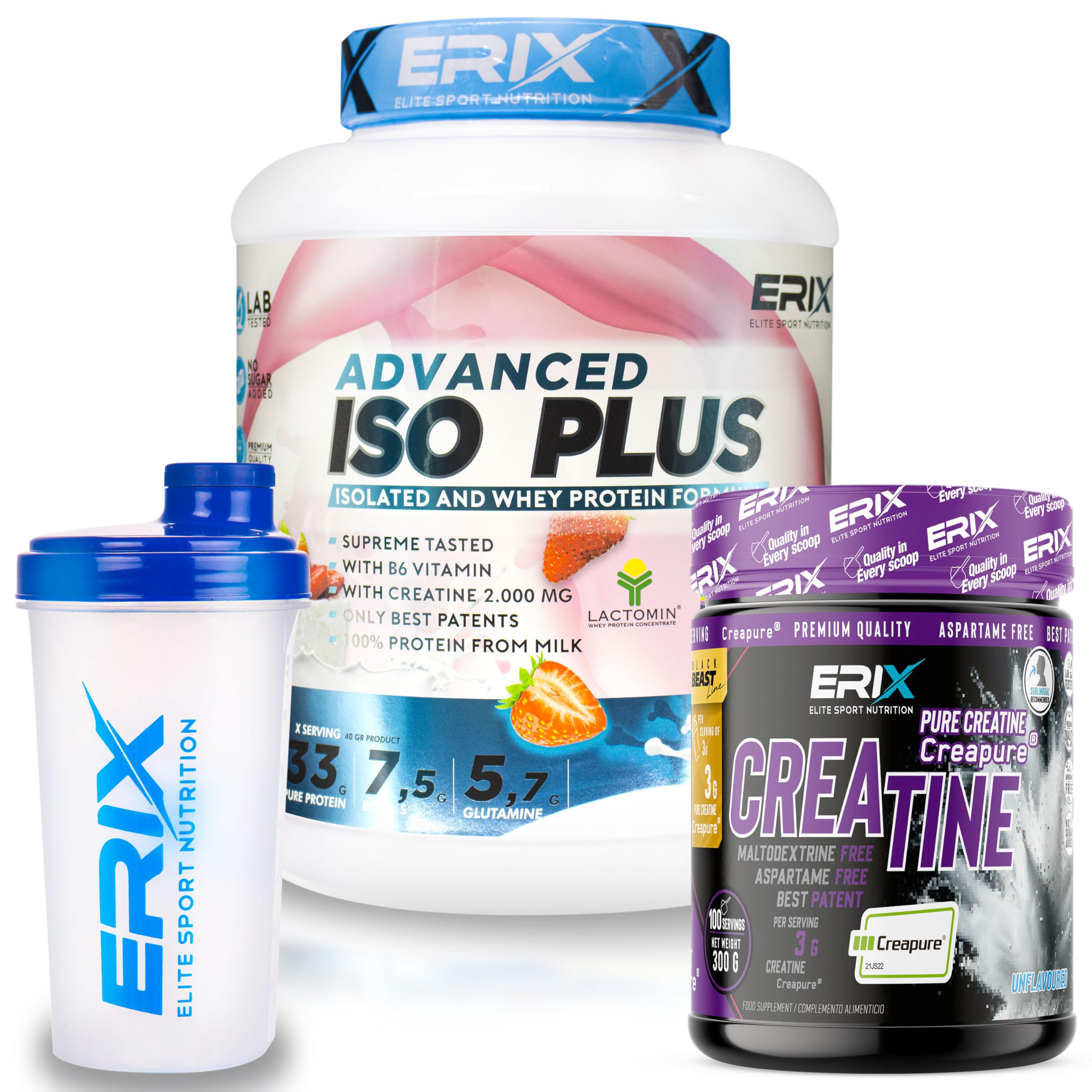 ERIX Nutrición Pack ISO Advanced Plus 2Kg Sabor Fresa+ Creatina Creapure 300g Neutra+ Shaker Blanco, Proteína Aislada con Lactomin y DigeZyme para Volumen Aumento de Masa, Recuperación Muscular