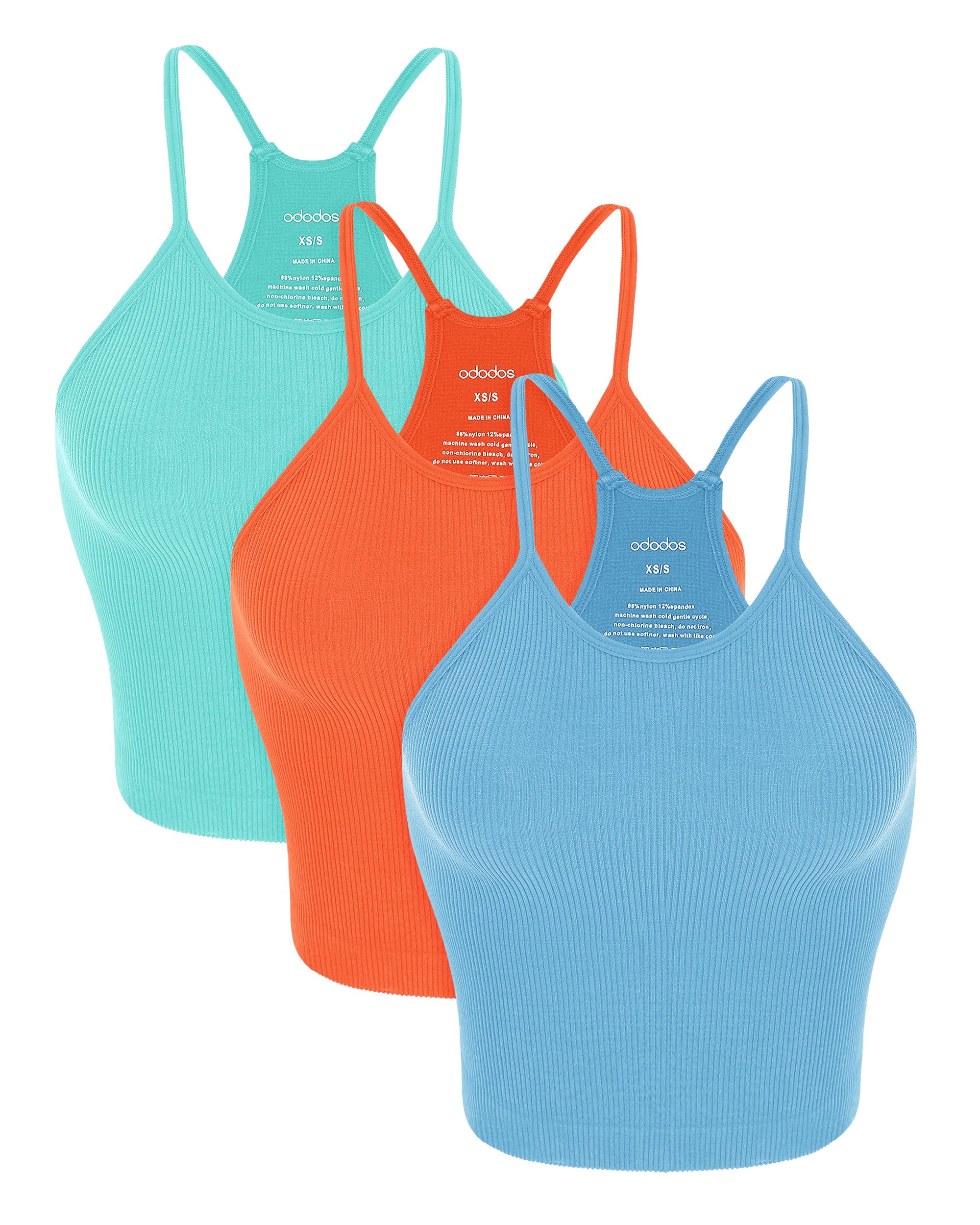 ODODOS Womens Crop 3-Pack Seamless Rib-Knit Camisole Crop Tank Tops