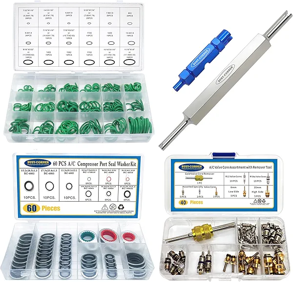 Universal Car A/C Repair Kit, AC Valve Core O Ring Kit, Valve Removal Tools, AC Seal Kit, R12 r134a Refrigerant Recharge Kit, Car A/C Compressor Gasket Sealing Washer