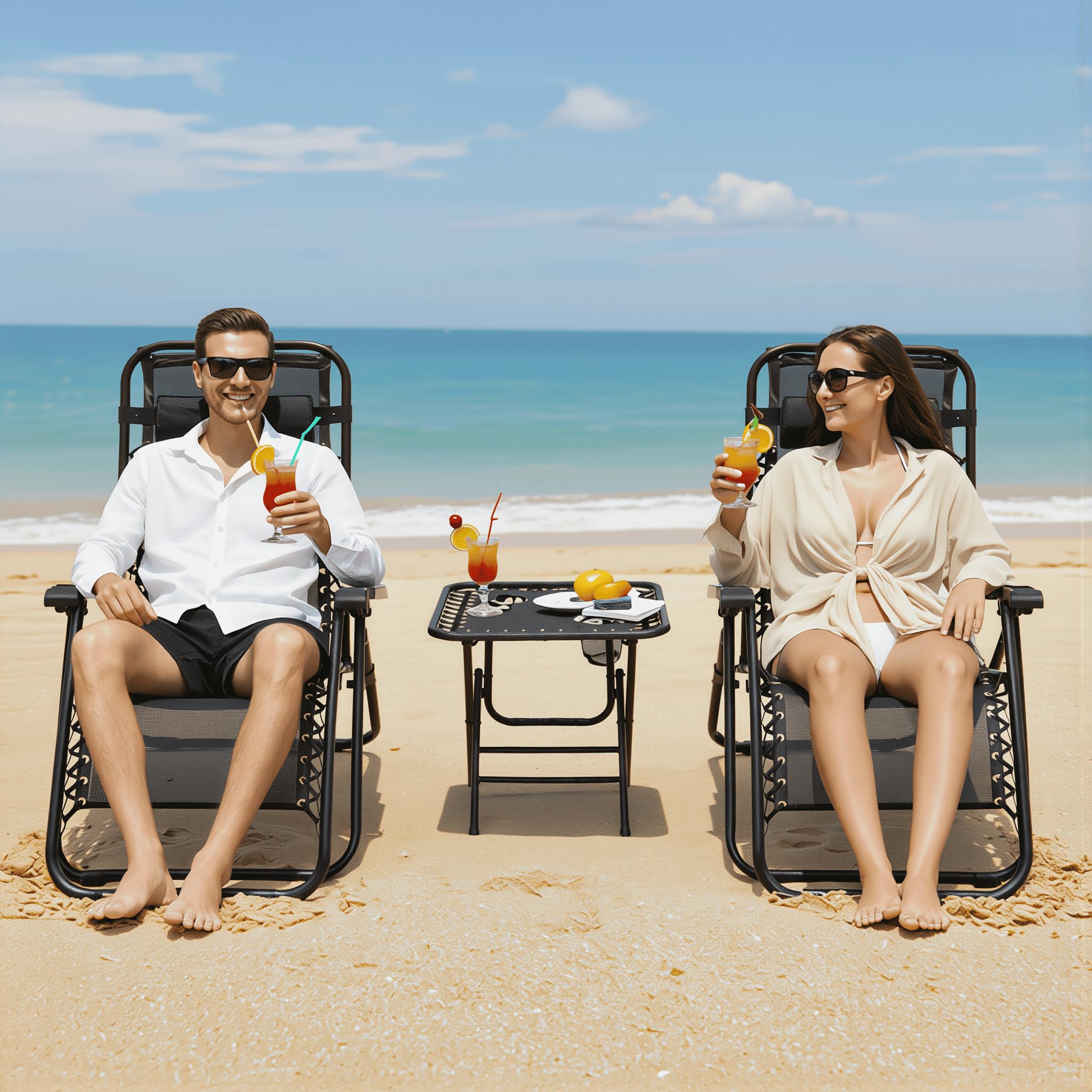 Set 2 Sdraio Zero Gravity con Tavolino 3 Pezzi – Sedia Reclinabile Pieghevole Textilene Nero – Schienale Bloccabile – Portata 120 kg – Arredo Giardino Terrazzo Piscina Mare Spiaggia