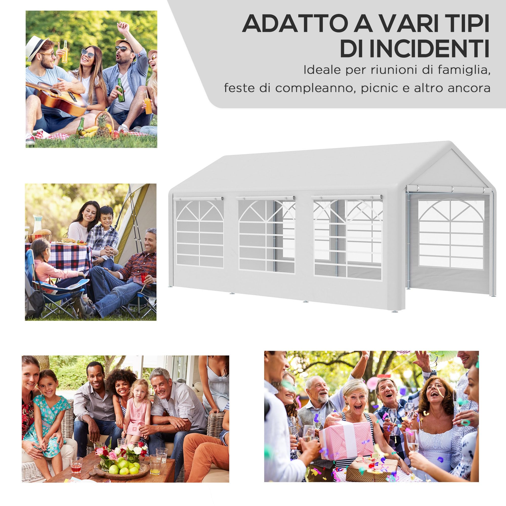 Outsunny Gazebo da Giardino 6x3 m con Finestre Laterali 3 Stanze Bianco
