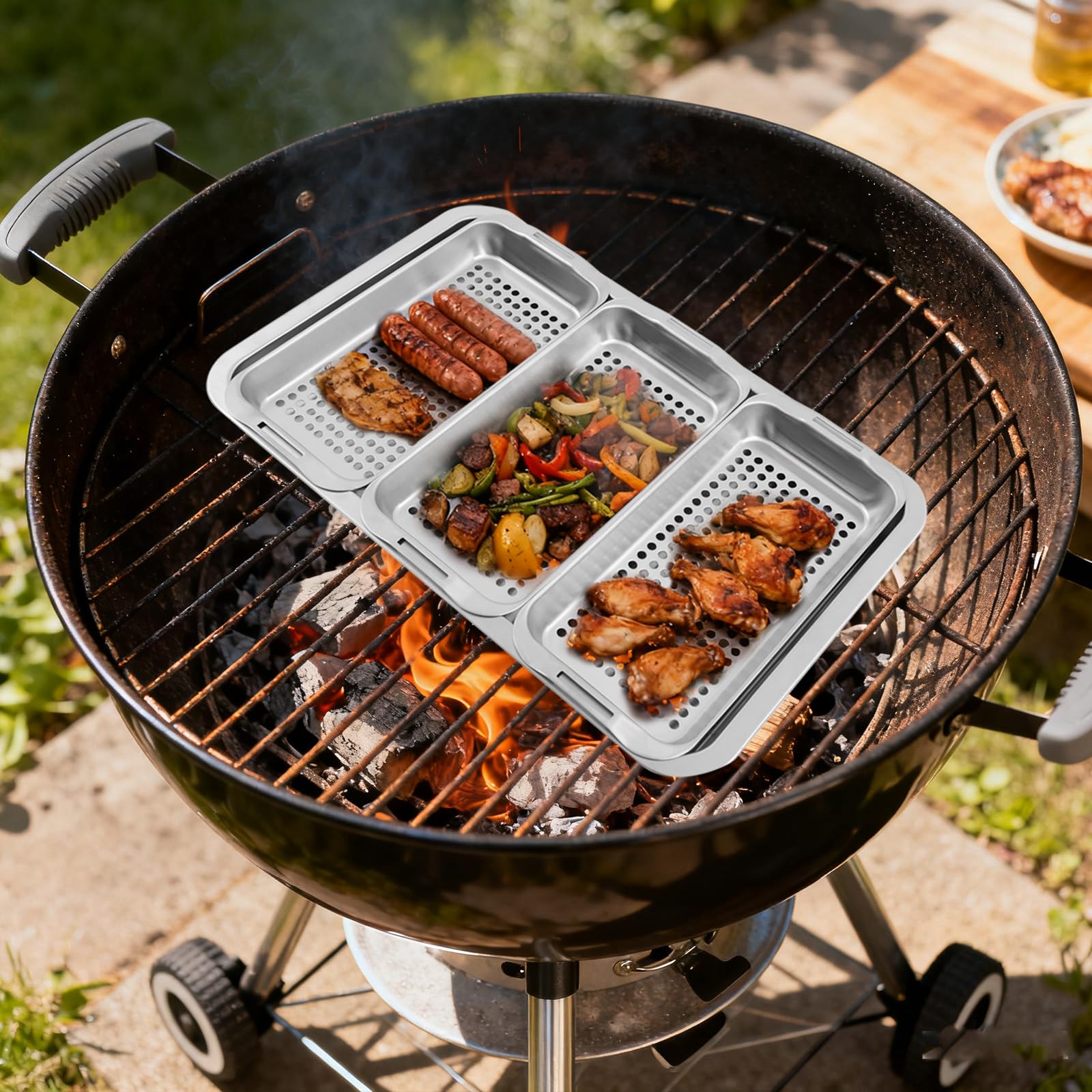 Set di ciotole per barbecue in acciaio inox, 42,2 x 28,2 x 4,3 cm, padella in acciaio inox con cestello, per cucina, terrazze, esterni