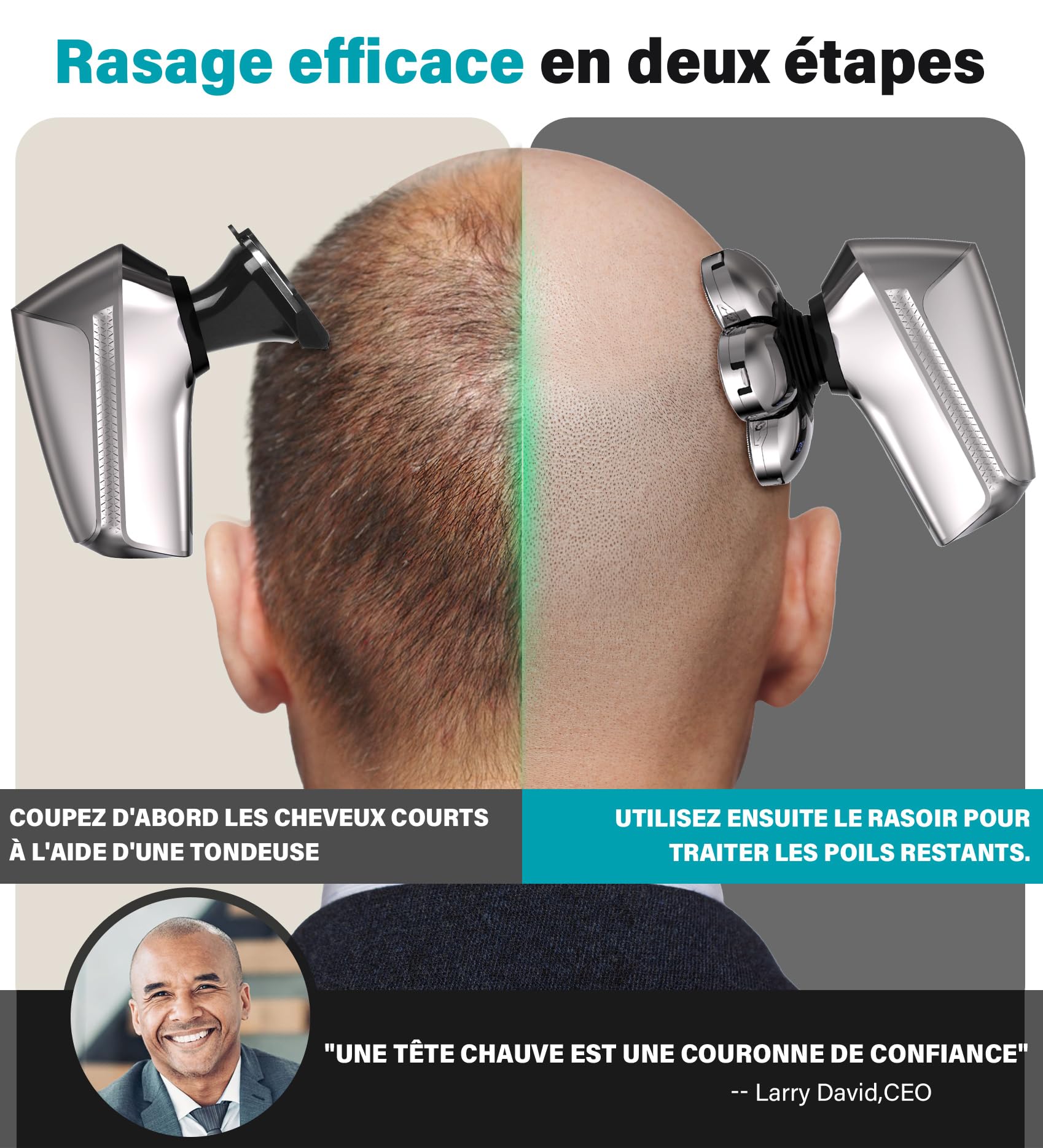 Rasoir Tete Chauve Homme, rasoir 7D amélioré pour hommes chauves, rasoir électrique humide/sec étanche IPX7, kit de toilettage de barbe avec écran LED, rasoir rechargeable pour tête chauve
