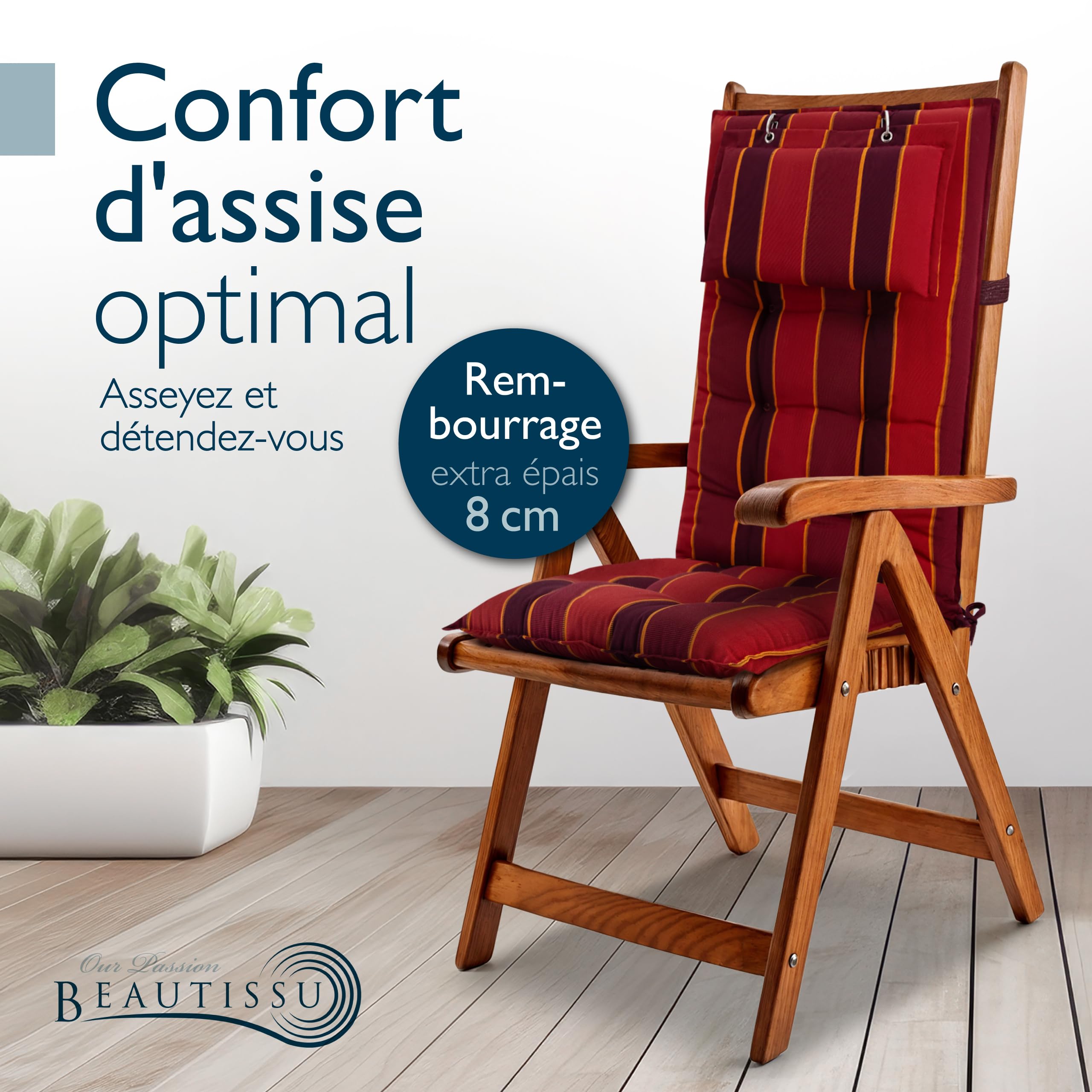Beautissu Premium Coussin Chaise Jardin Dossier Haut 120x50 cm Sun-HL – 8 cm Épaisseur Tissu Robuste Antidérapant & Résistance aux UV – Coussin Fauteuil avec Sangles Fixation Rouge