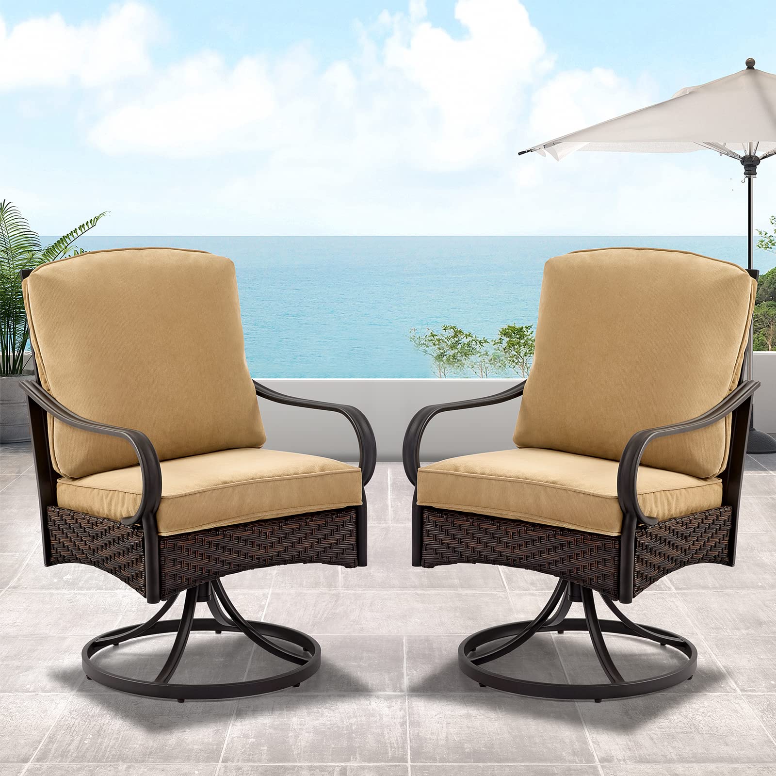EROMMY Patio Swivel Chairs Set of 2, Outdoor Swivel Chairs with Cushion, Patio Dining Chairs for Garden, Patio, Backyard and Balcony, Khaki