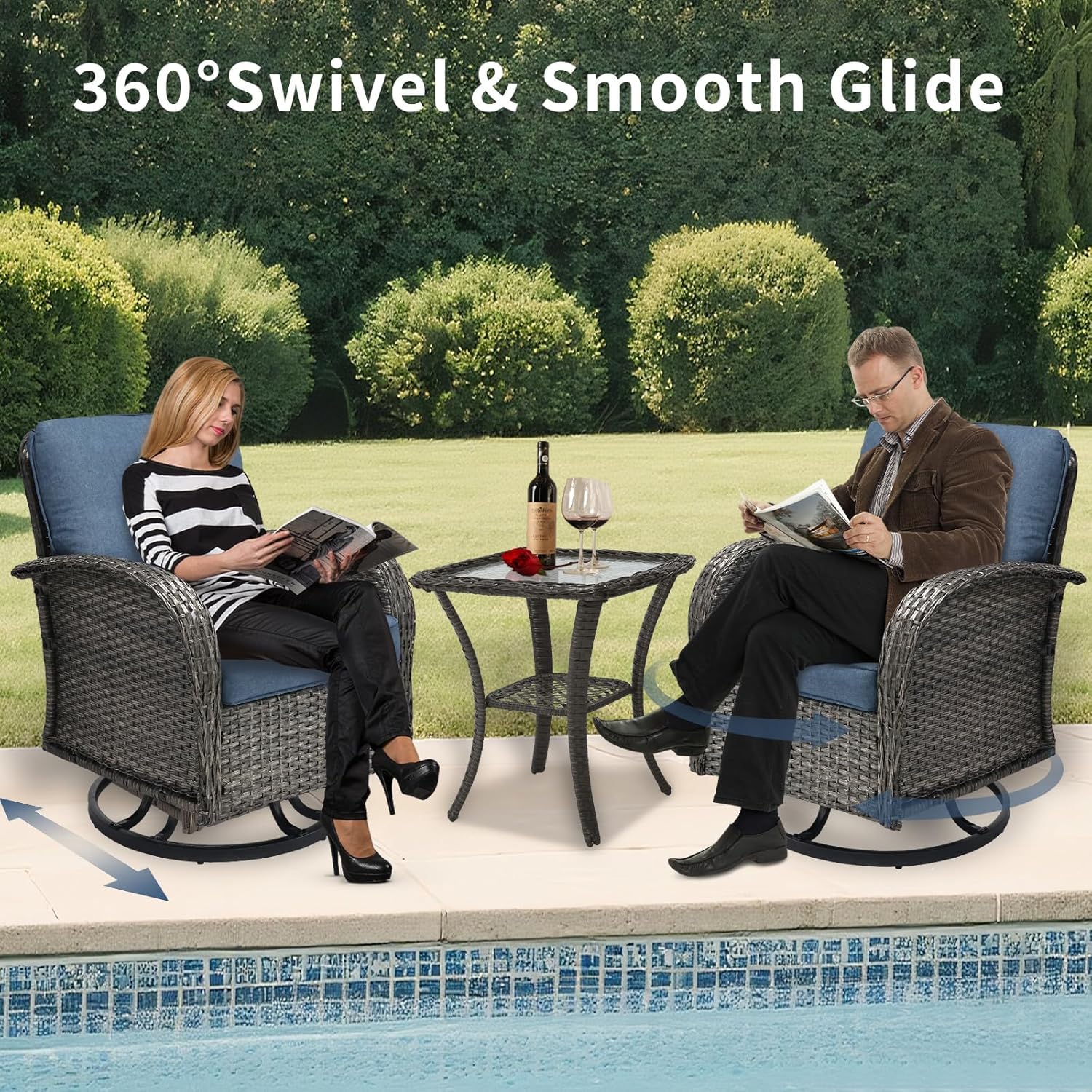 3 Piece Outdoor Swivel Rocker Patio Chairs, All-Weather Rattan Chair, Wicker Glider Patio Furniture Set with Side Table, for Garden, Backyard, Deck, Gray Rattan & Blue Cushions