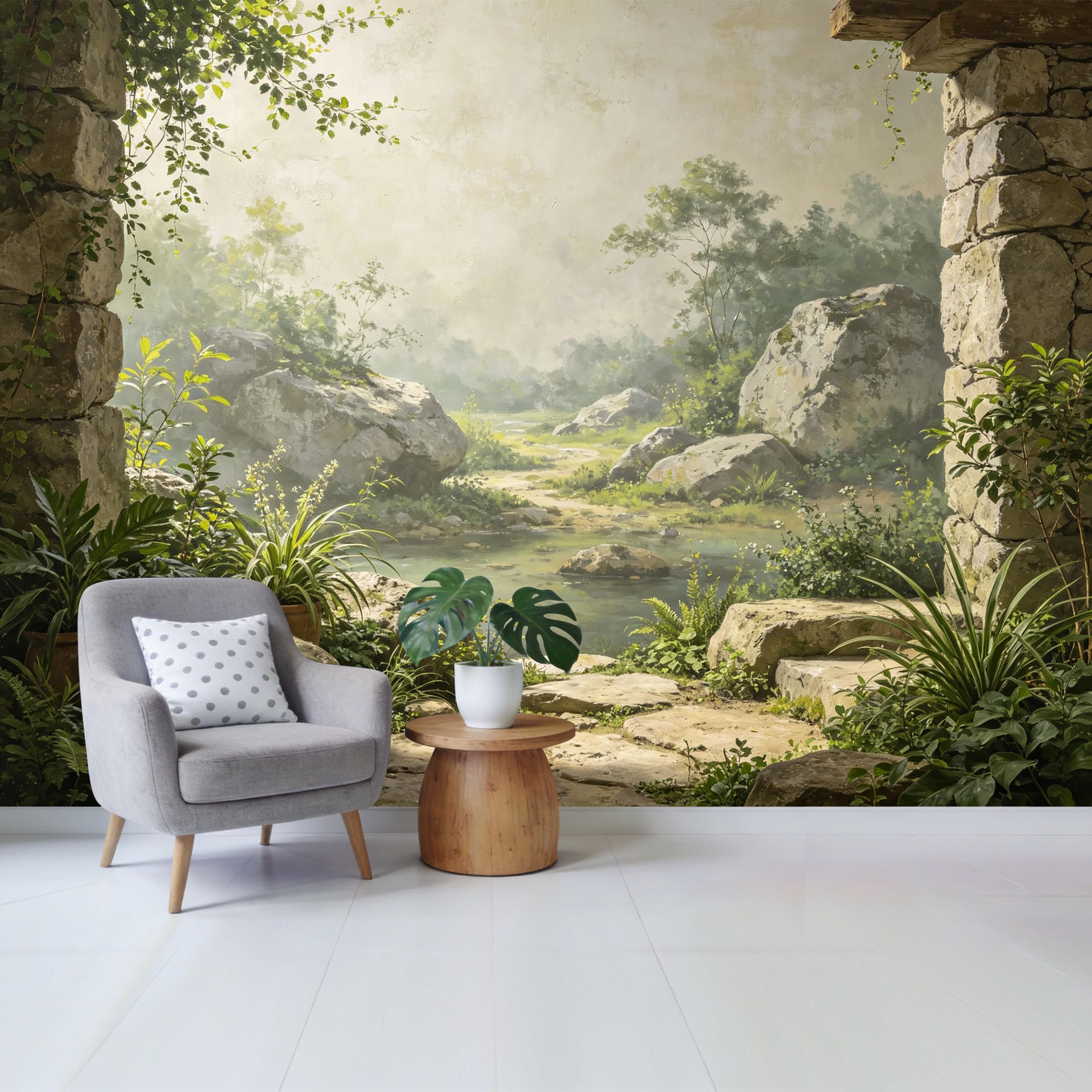Qzlithotic Yq2605250757 Custom Size Wall Mural Stone Archway Mist Forest Lake Landscape Oil Painting Selfadhesive Wall Fabric Removable Wallpaper For Home Office Decor