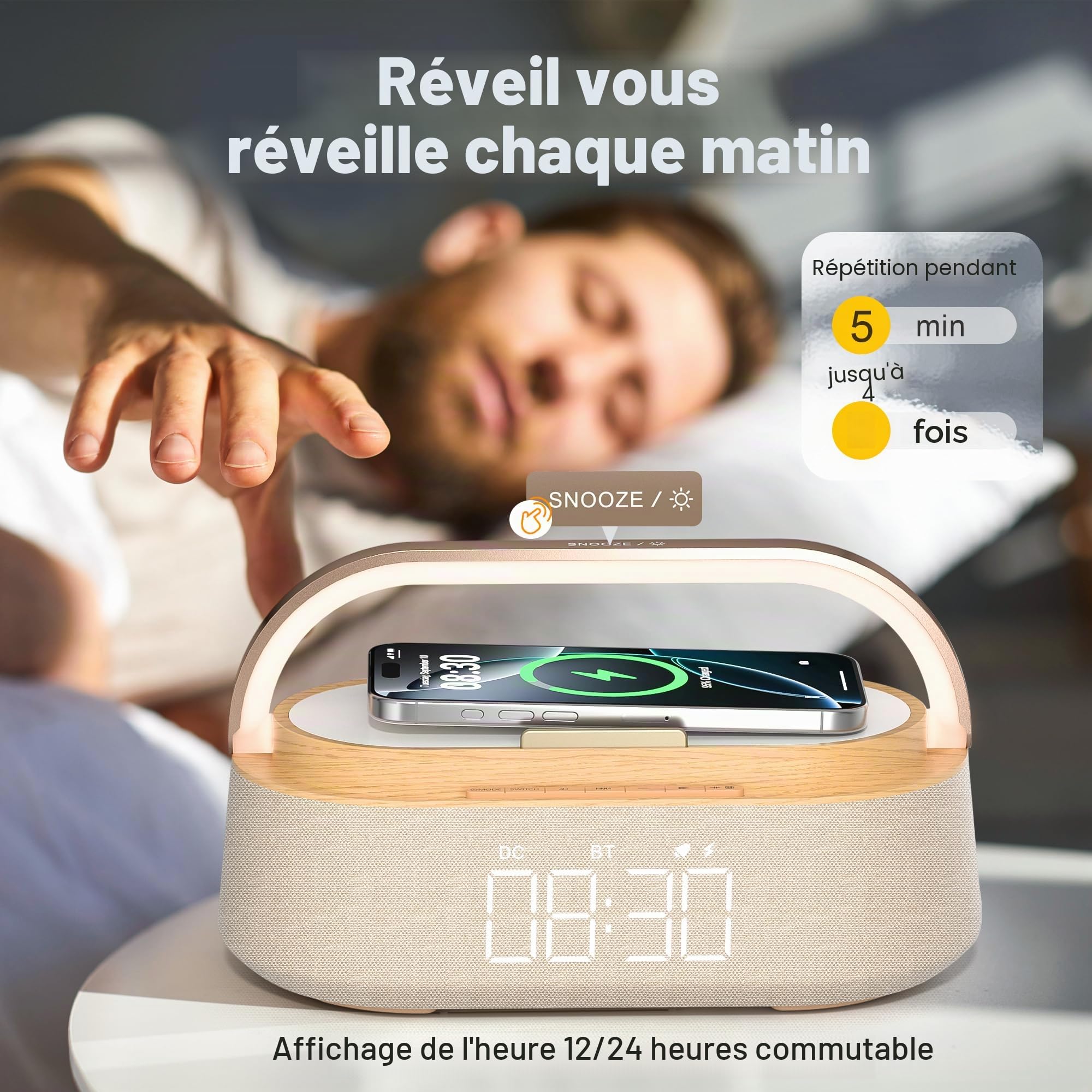 COLSUR Radio Reveil Digital avec Chargement sans Fil, Multifonctionnel Radio FM avec Port de Chargement USB, Réveil Matin Enceinte Bluetooth, Affichage LED, Lampe Cadeau Homme Femme