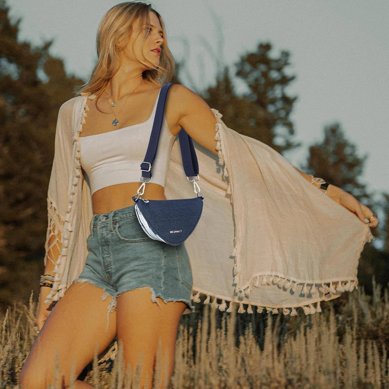 BESMART Waterproof Crescent Bag Dumpling Bag for Women, Women's Crossbody Bag Trendy Shoulder Bag Triangle Shape Denim Bag - Image 2