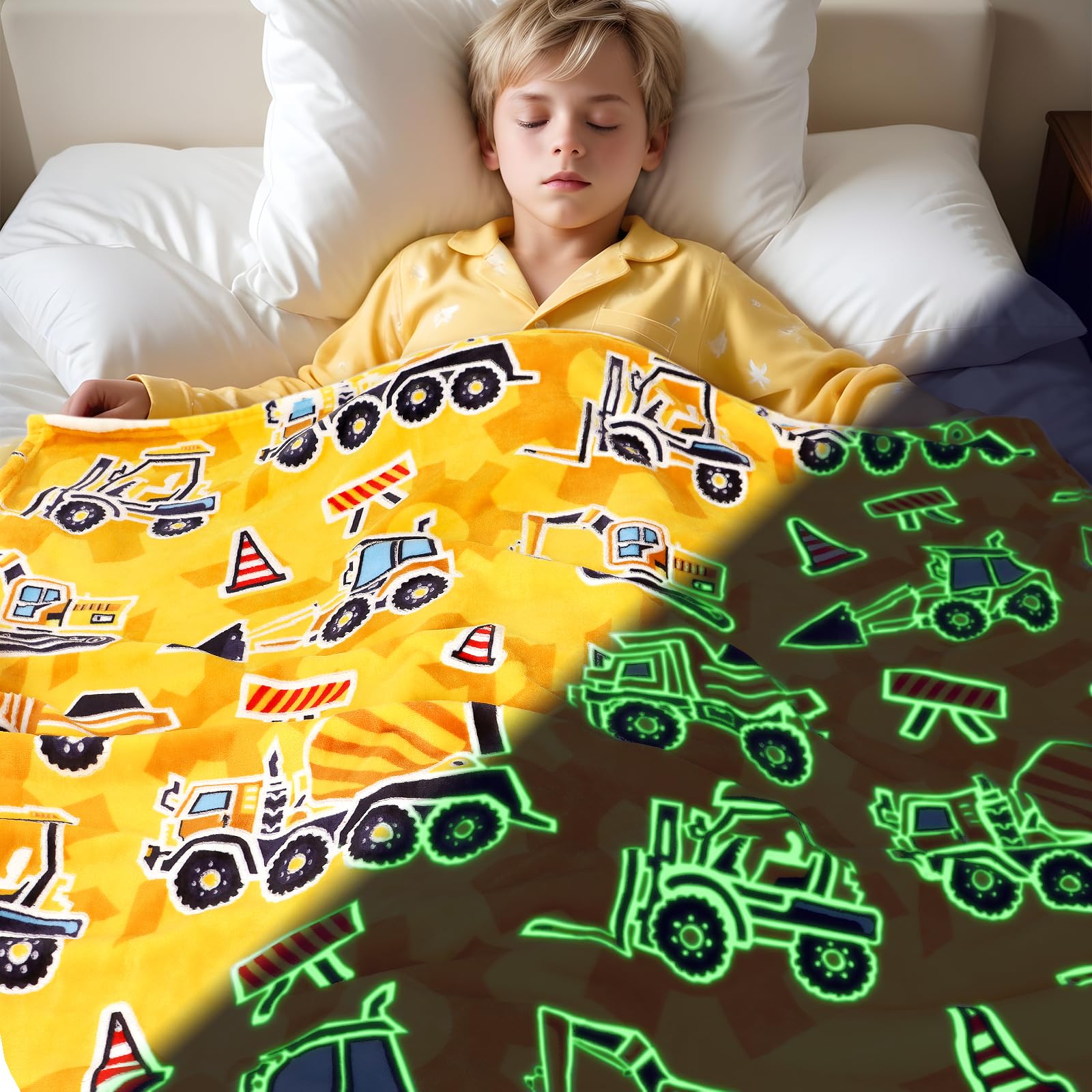 Coperta Peluche Per Bambini Con Stampa Escavatore E Camion - 150x200 Cm | In Microfibra Di Poliestere, Morbida E Calda | Ideale Per Letti, Divani, Campeggio E Regali