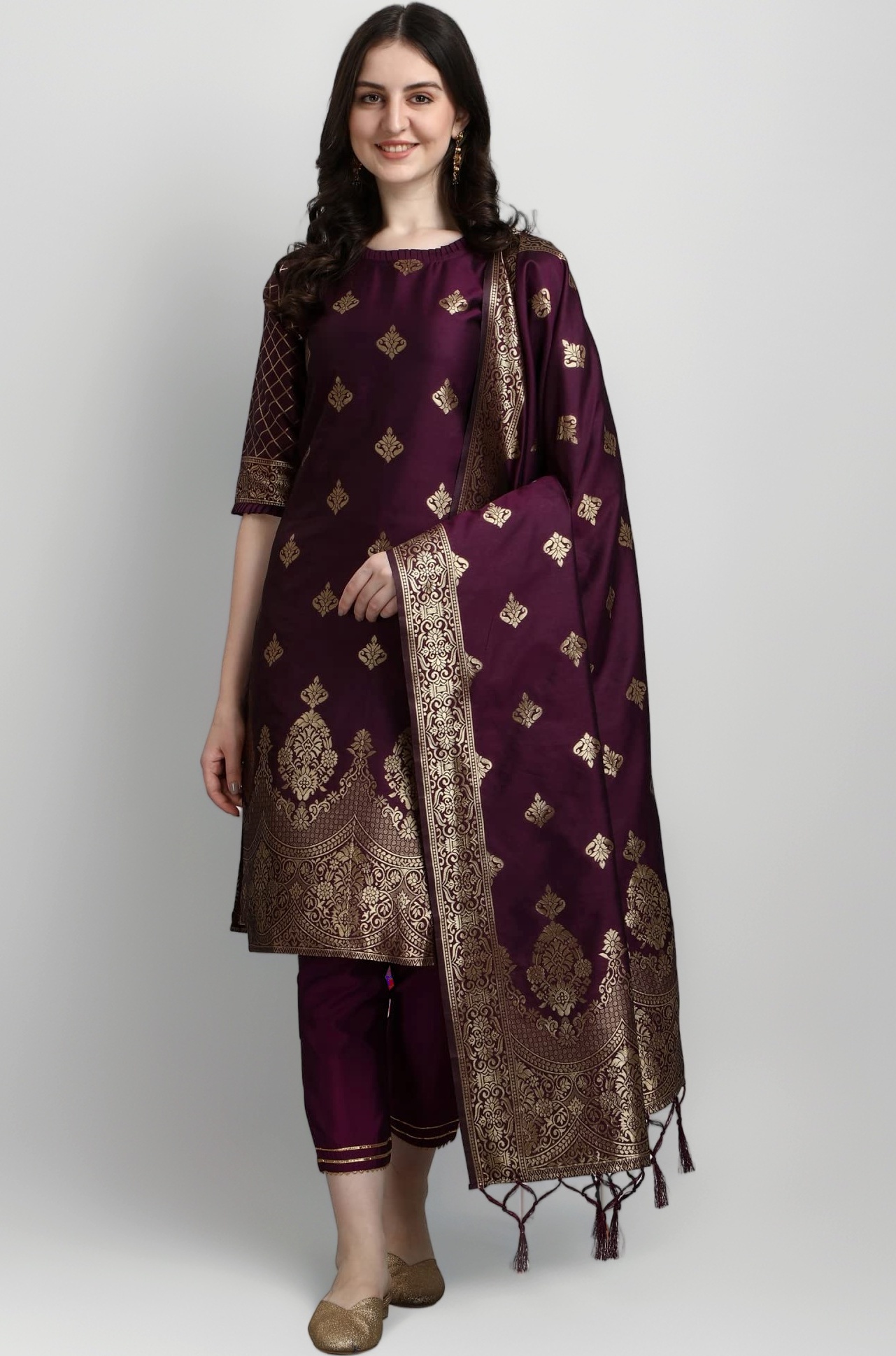 Women's Cotton Silk Jacquard Kurta Pant with Dupatta Set