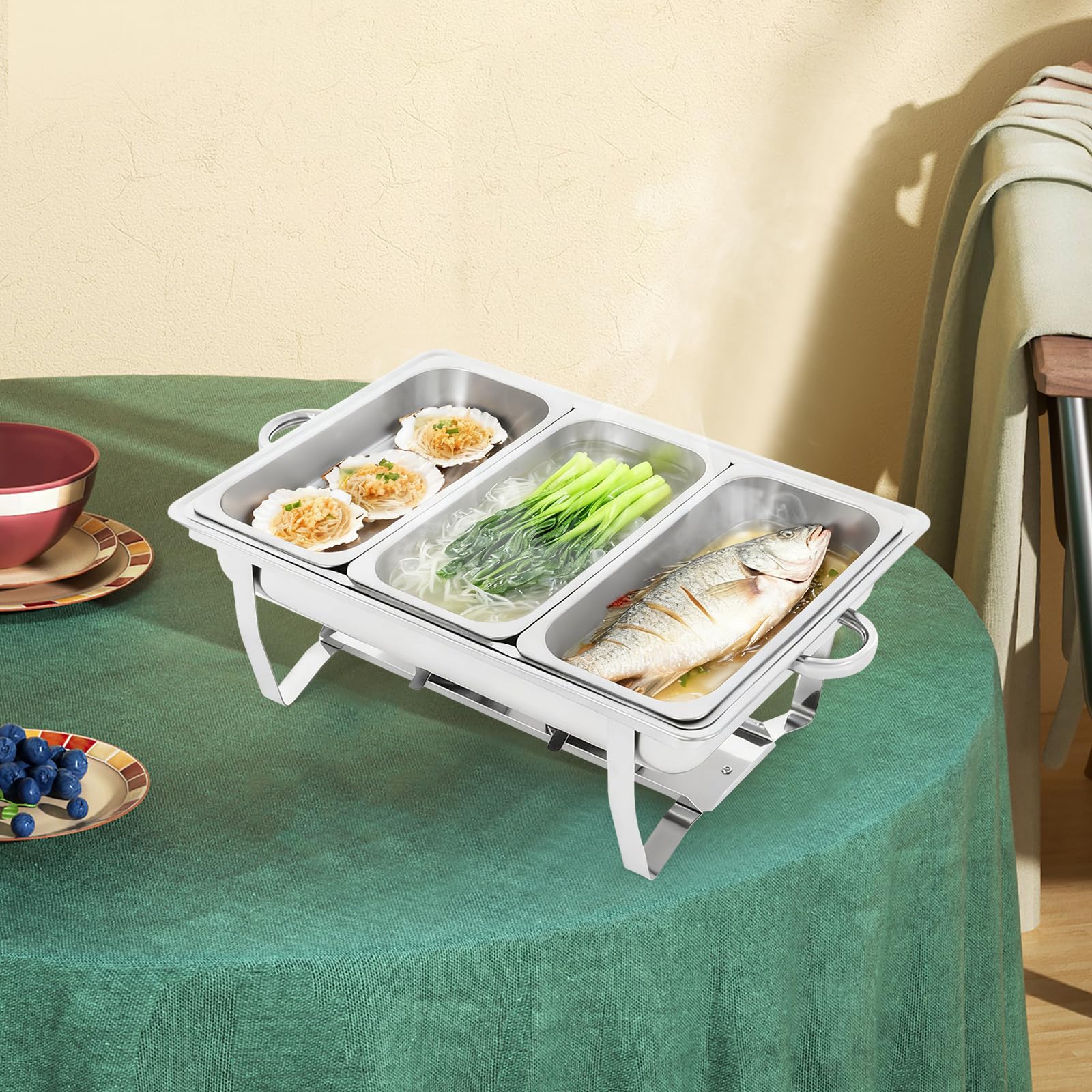 Chafing Dish zestaw do podgrzewania potraw ze stali nierdzewnej, pojemnik na ciepło, do cateringu, bufetu i na imprezę (3 x pojemnik 1/3 GN)