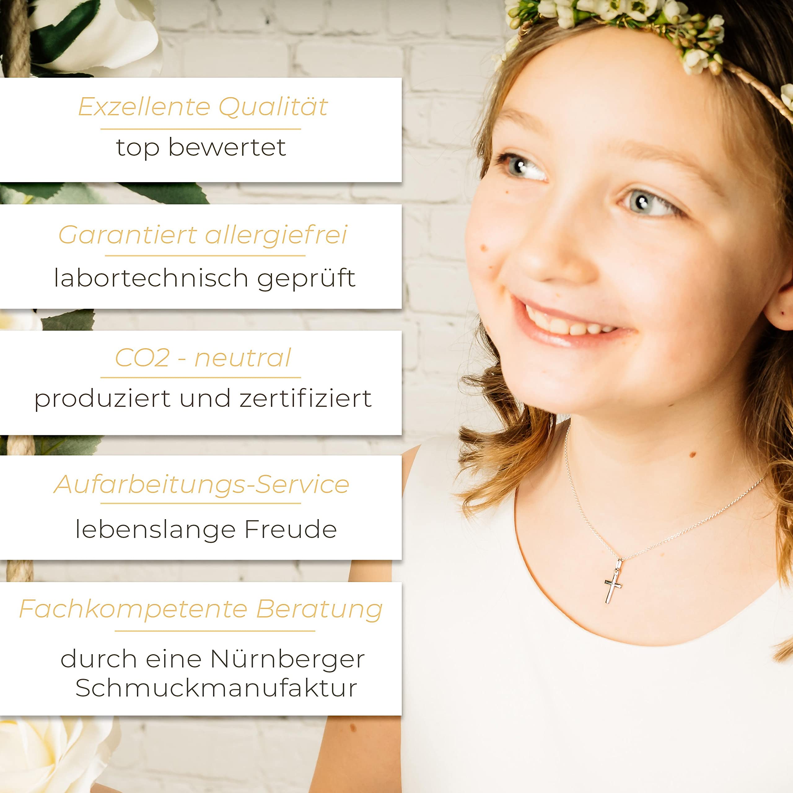 Kreuz Kette Mädchen Kommunion Silber 925 | Geschenke zur Taufe Erstkommunion Konfirmation Firmung Taufgeschenk | Kreuzkette Kinder Halskette Anhänger Taufkette Schmuck Geschenk mit Gravur