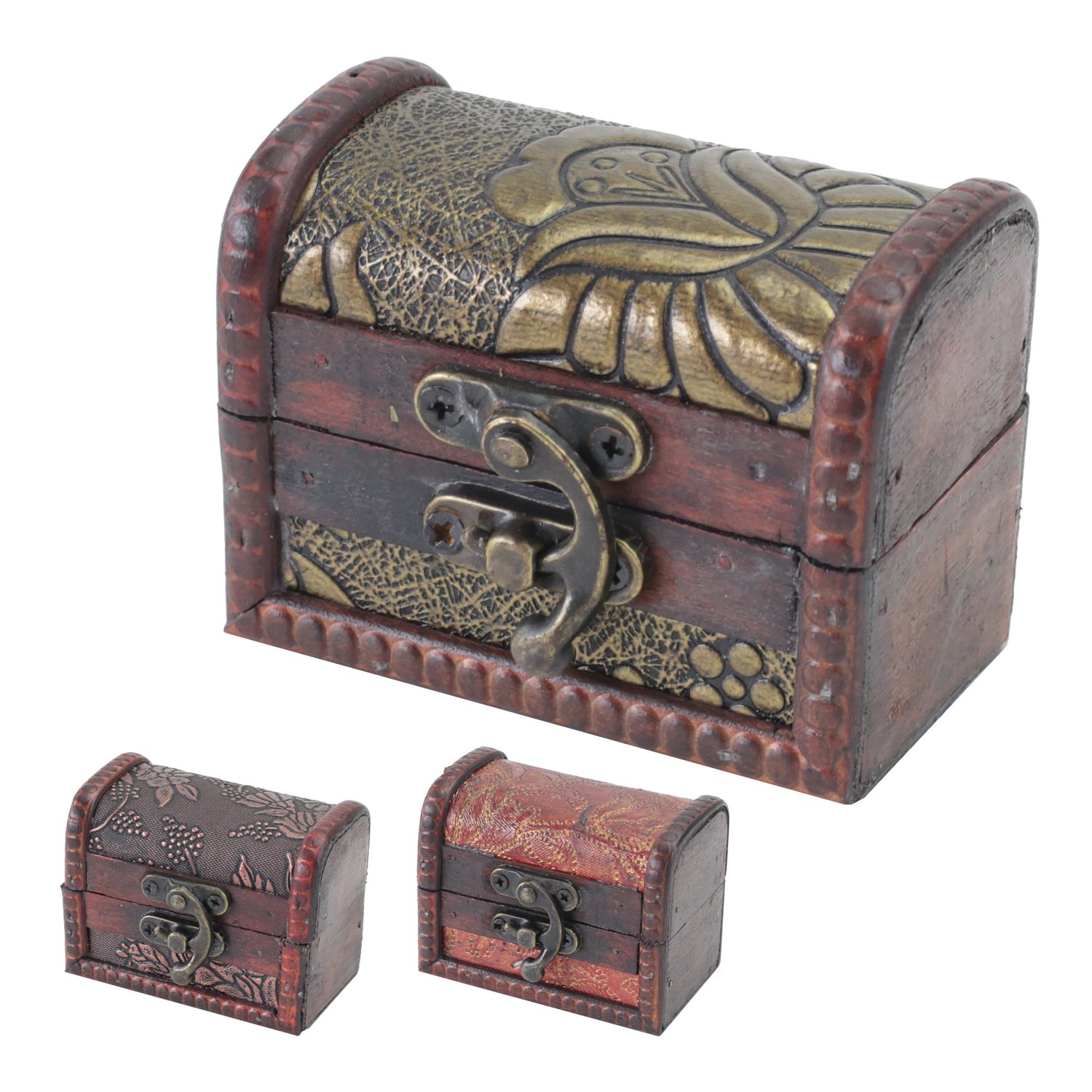 HMF Joyero de madera pequeño cofre del tesoro cierre vintage decorativo 8 x 5 x 6 cm Set de 3