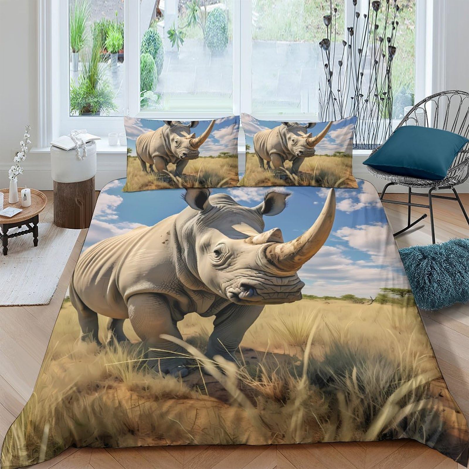 Ctjqhvkz Style-6 3D Printed Rhino Savannah Fitted Sheet Microfiber Soft Breathable Wild Grassland Mattress Cover For Bedroom Decor Single（135X200cm）