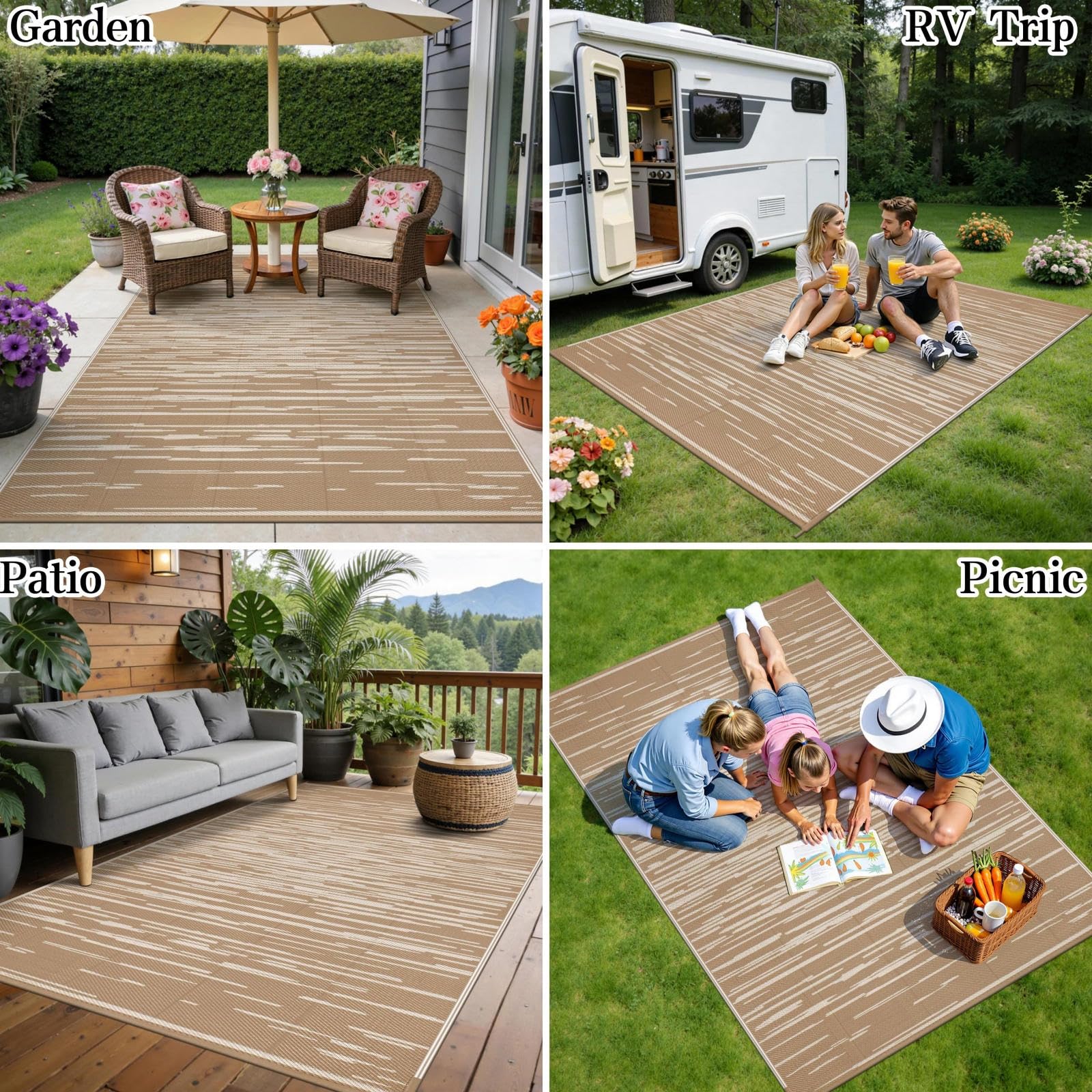 SHACOS Grande Tappeto da Esterno 240 x 300 cm Impermeabile Anti-UV Plastica Reversibile Marrone