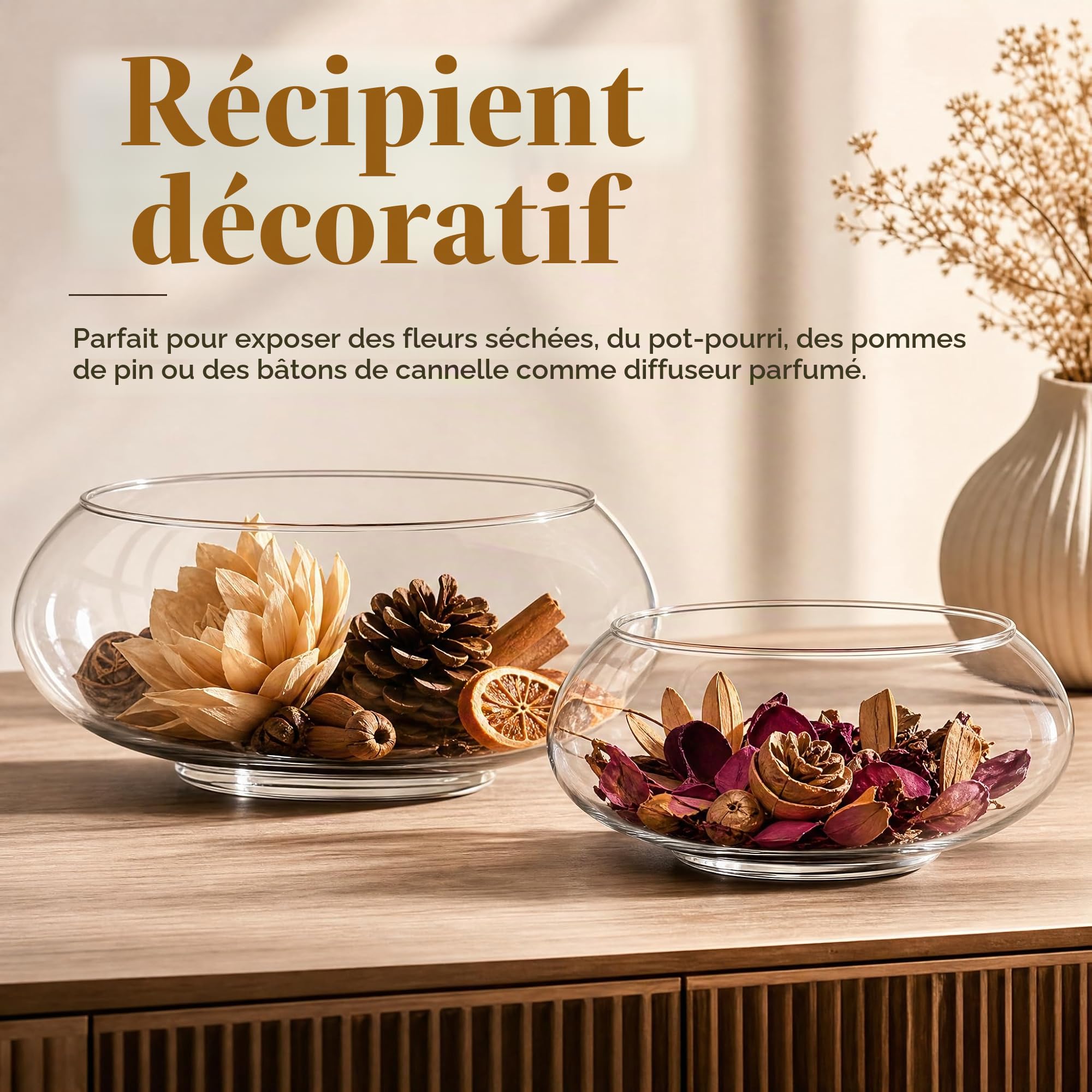 ZENFUN Lot de 2 vases en Verre de 15 cm, 20,5 cm de Large Ouverture, Terrarium Rond, Pot de Fleurs hydroponique en Verre Transparent pour Centre de Table, décoration d'intérieur