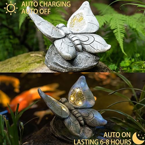 Miniatura 4 de Estatua de jardín de mariposa, decoración solar de mariposa para exteriores, figura de mariposas de resina con luz solar para patio, balcón, patio,