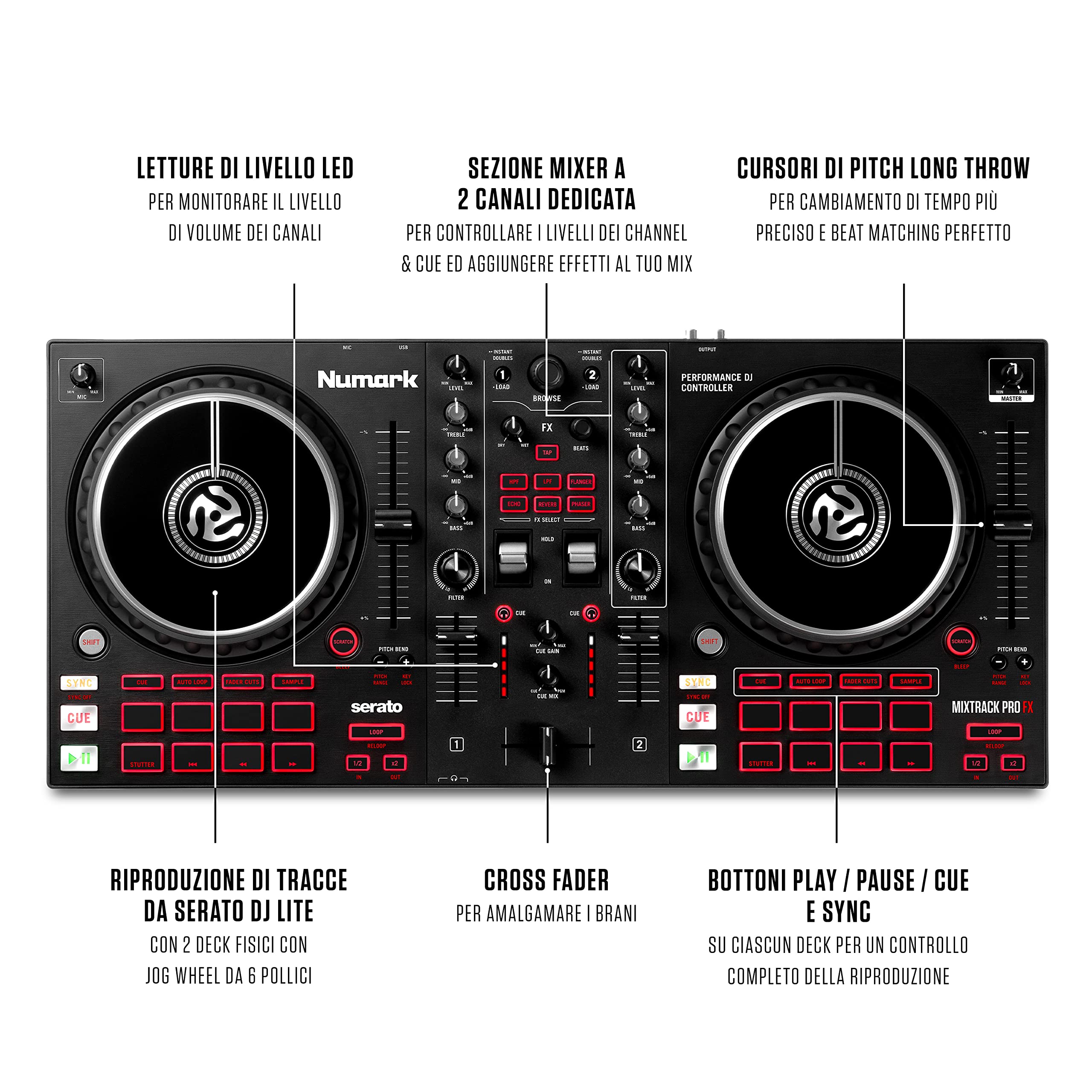 Numark Mixtrack Pro FX + SoundSwitch DMX Micro Interface – Console DJ con 2 deck, Mixer DJ, Scheda Audio, Jog Wheel Capacitive e FX + Interfaccia Compatta USB-DMX