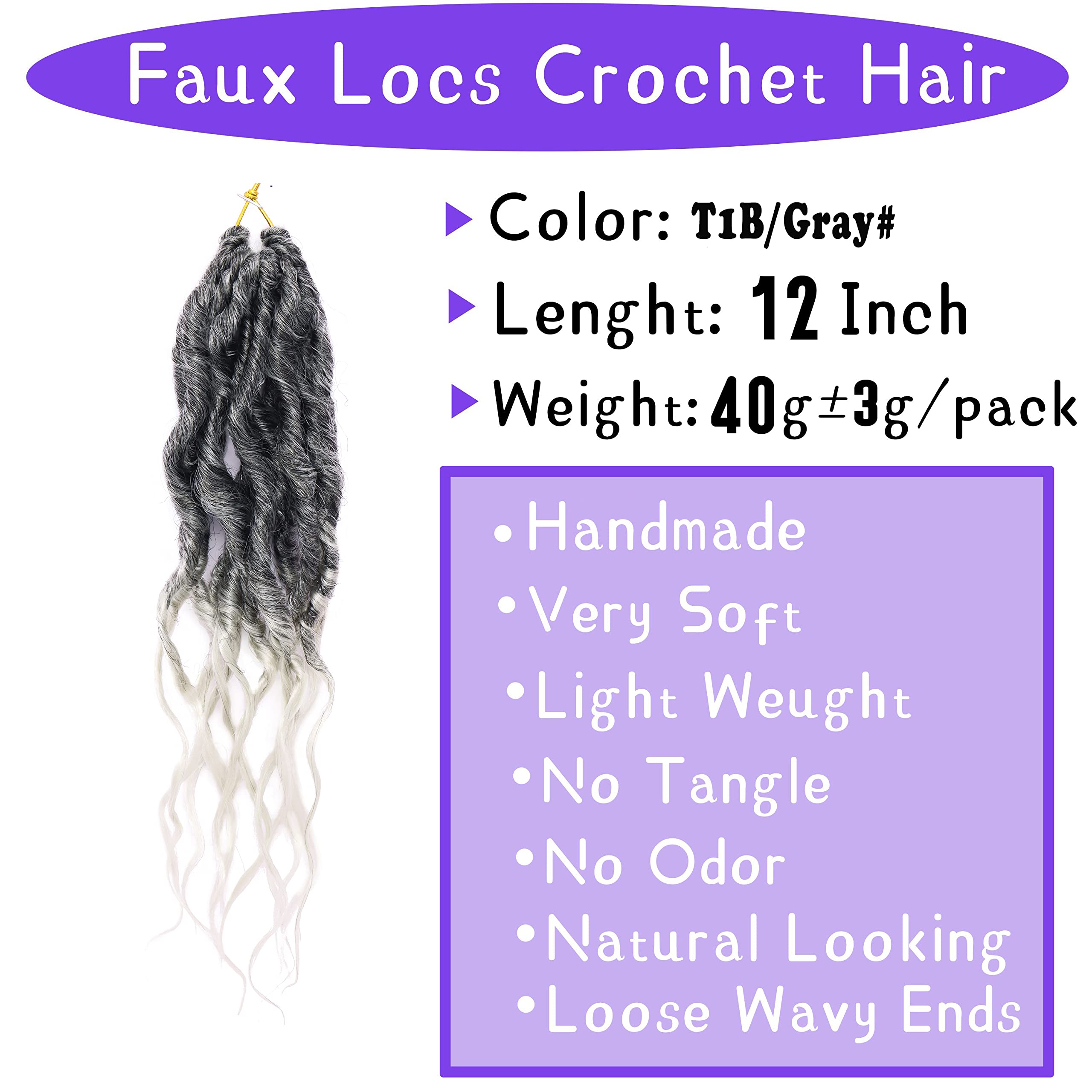Condition photo showing New/Like New for losmoeer faux locs crochet hair 12 inch 6 packs goddess locs crochet hair for women soft locs pre looped crochet braids with wavy curly ends boho locs synthetic braids extensions (t1b/gray#)