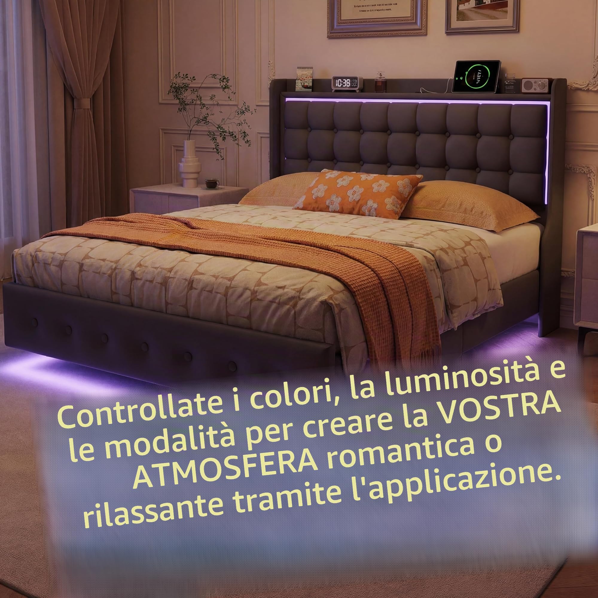 Letto 160 x 200 con rete, telaio letto multifunzionale, testiera imbottita con stoccaggio, struttura stabile, effetto galleggiante, velluto, grigio scuro (grigio scuro D, 160 x 200 cm)