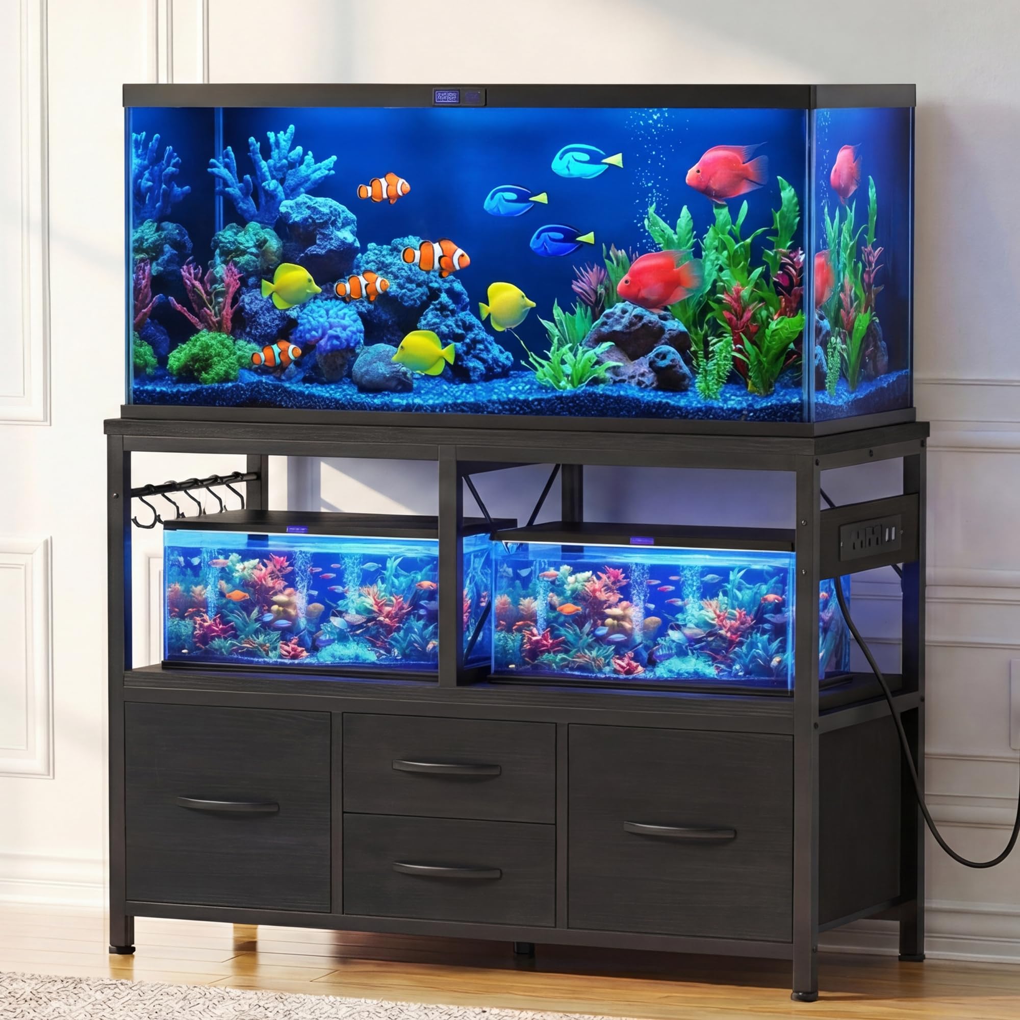 Support d'aquarium anti-vibration avec multiprise et tiroir intégrés
