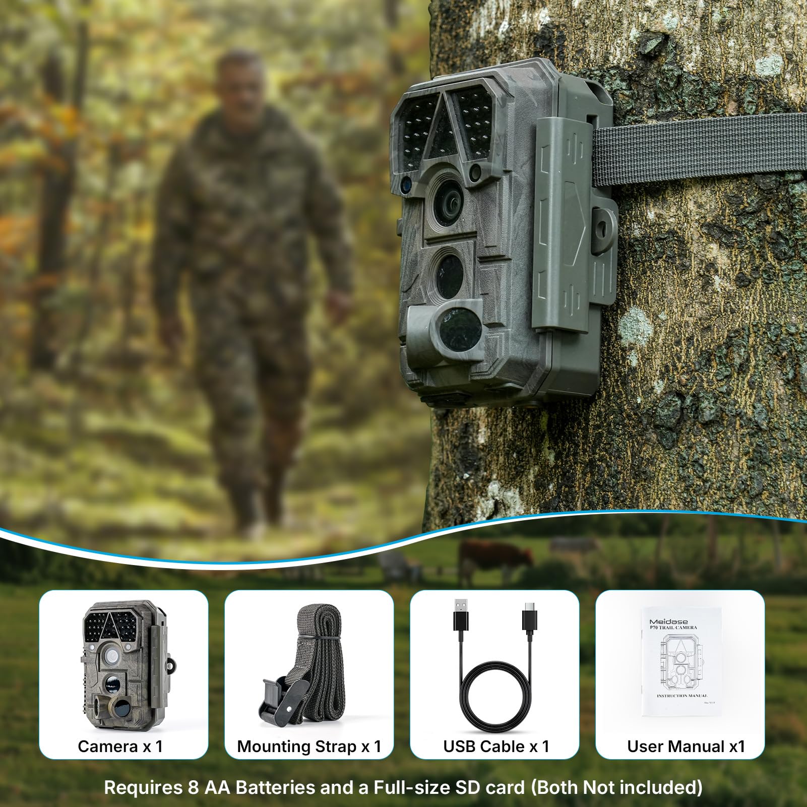 Meidase P70 Trail Camera, 64 MP 1296p, telecamere da gioco con visione notturna IR No-Glow IR, attivata dal movimento, impermeabile per animali selvatici cervi cam, caccia