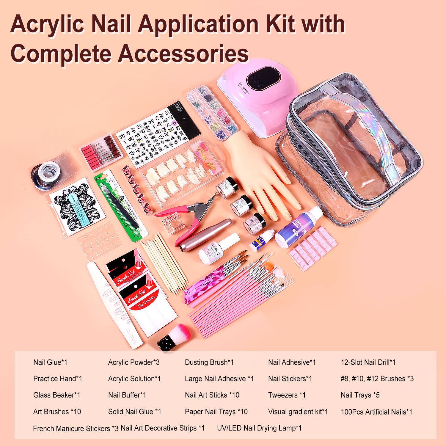Major Dijit Acryl-Nagelset – UV-LED-Lampe, Pulver, Monomer, Übungshand, Strasssteine, Formen, 4-in-1-Gel-Nagellack, silberne Kosmetiktasche – erzielen Sie zu Hause Ergebnisse in Salonqualität.