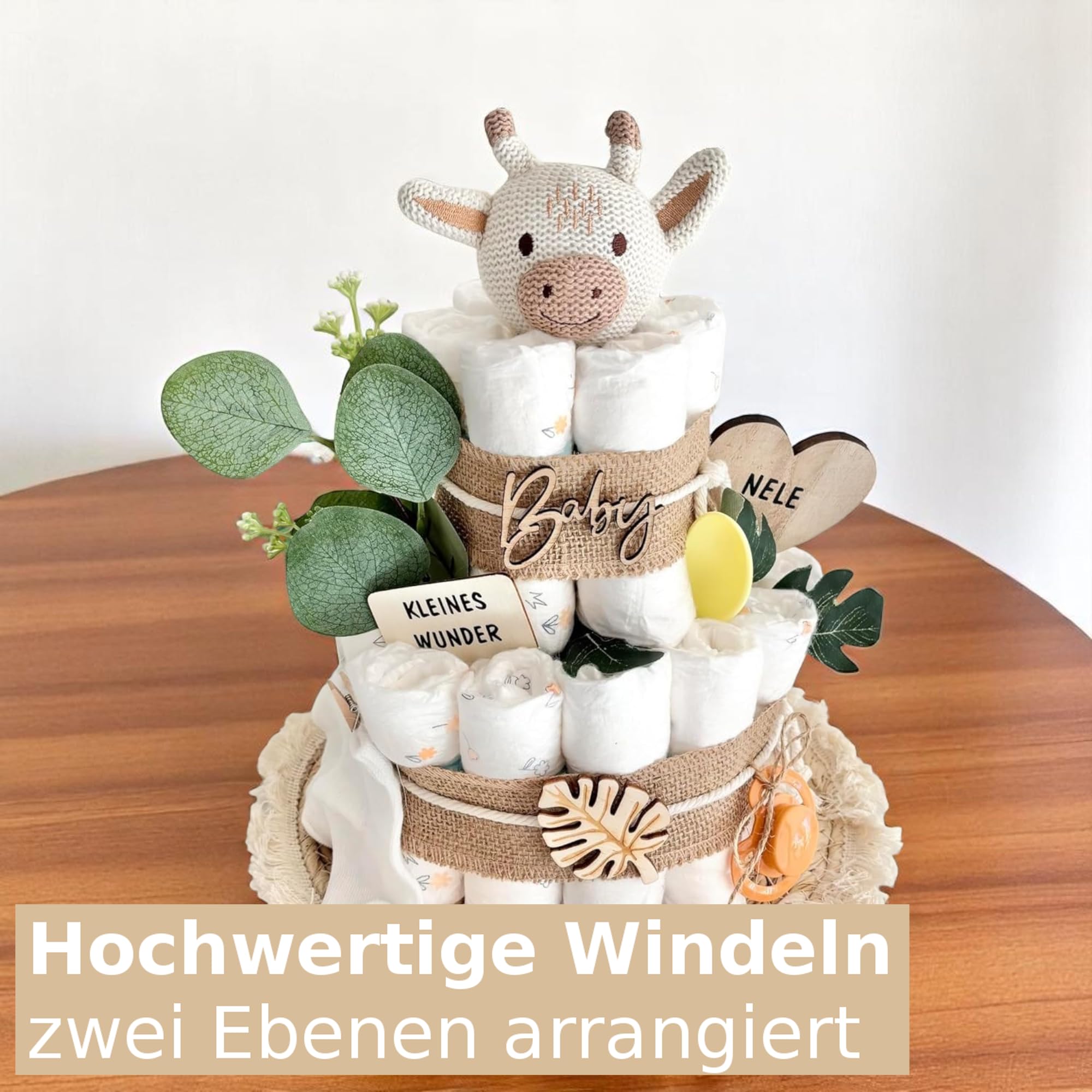 Windeltorte mit Giraffe, mit Babyaccessoires und Dekoration, Name Personalisierbar, Neutral für Jungen & Mädchen, Its a Boy/Girl, Babyshower Torte Gender-Reveal Baby-Party Geschenk Geburt Deko