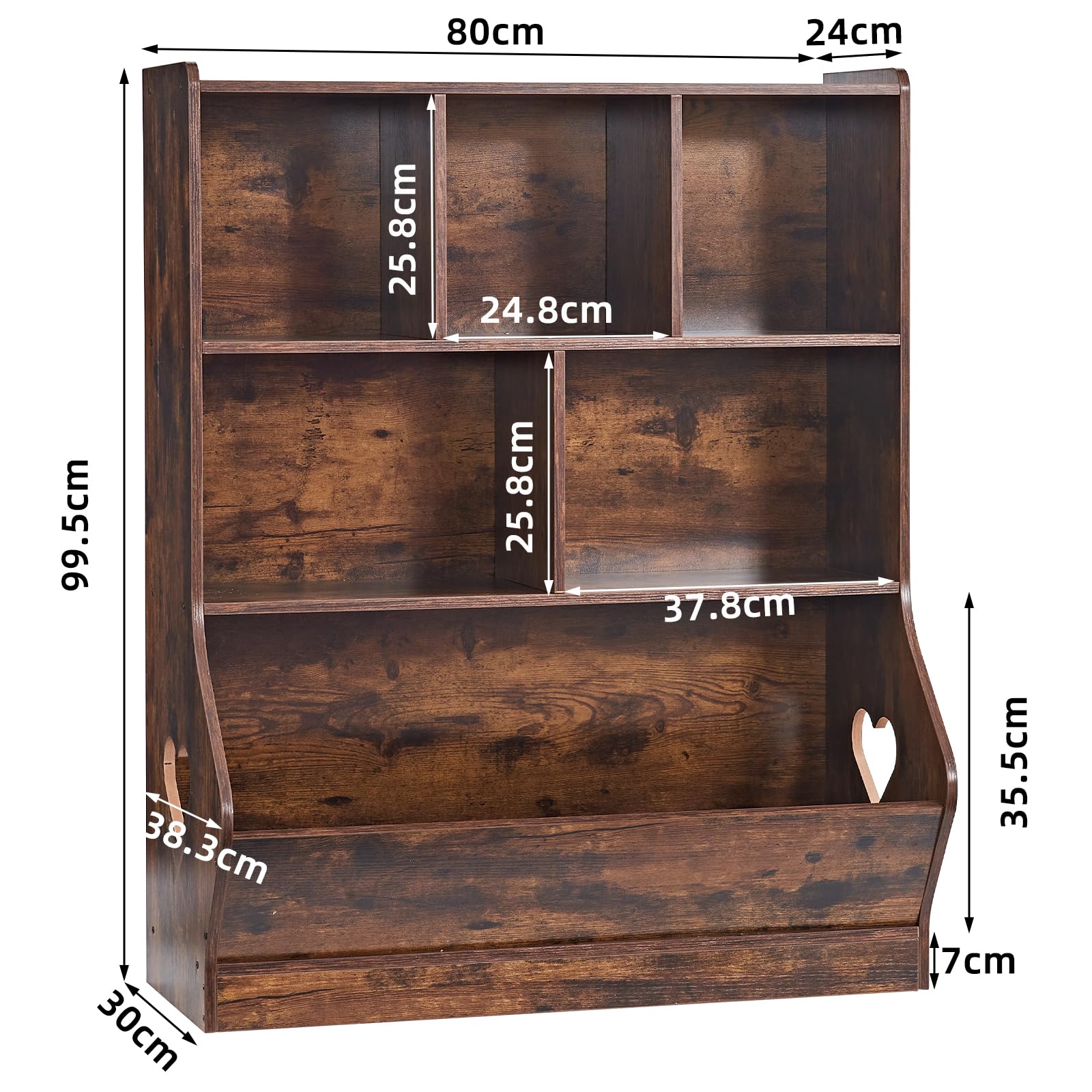 LELELINKY Bücherregal Kinder, Kinder Bücherregal mit 6 Ablagefächer, Großes Kinderregal, Spielzeugregal & Spielzeug-Organizer für Kinderzimmer & Wohnzimmer, Braun, 80 x 24 x 100 cm