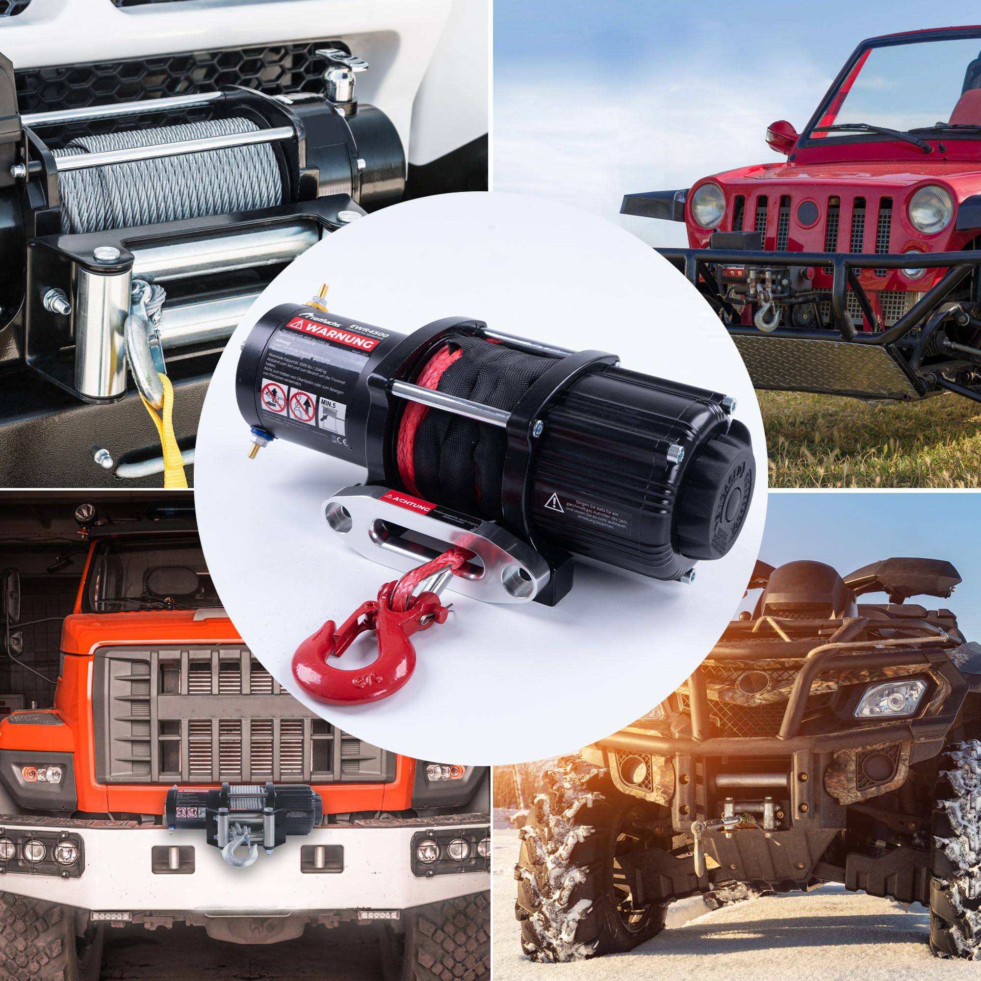 ROTFUCHS Elektrische Seilwinde 12 Volt - 4500 lbs Motorwinde Seilzug, mit Montagehalterung und Fernbedienung, Power Offroad Winde 2041 kg, ATV UTV kompatibel, Synthetikseil