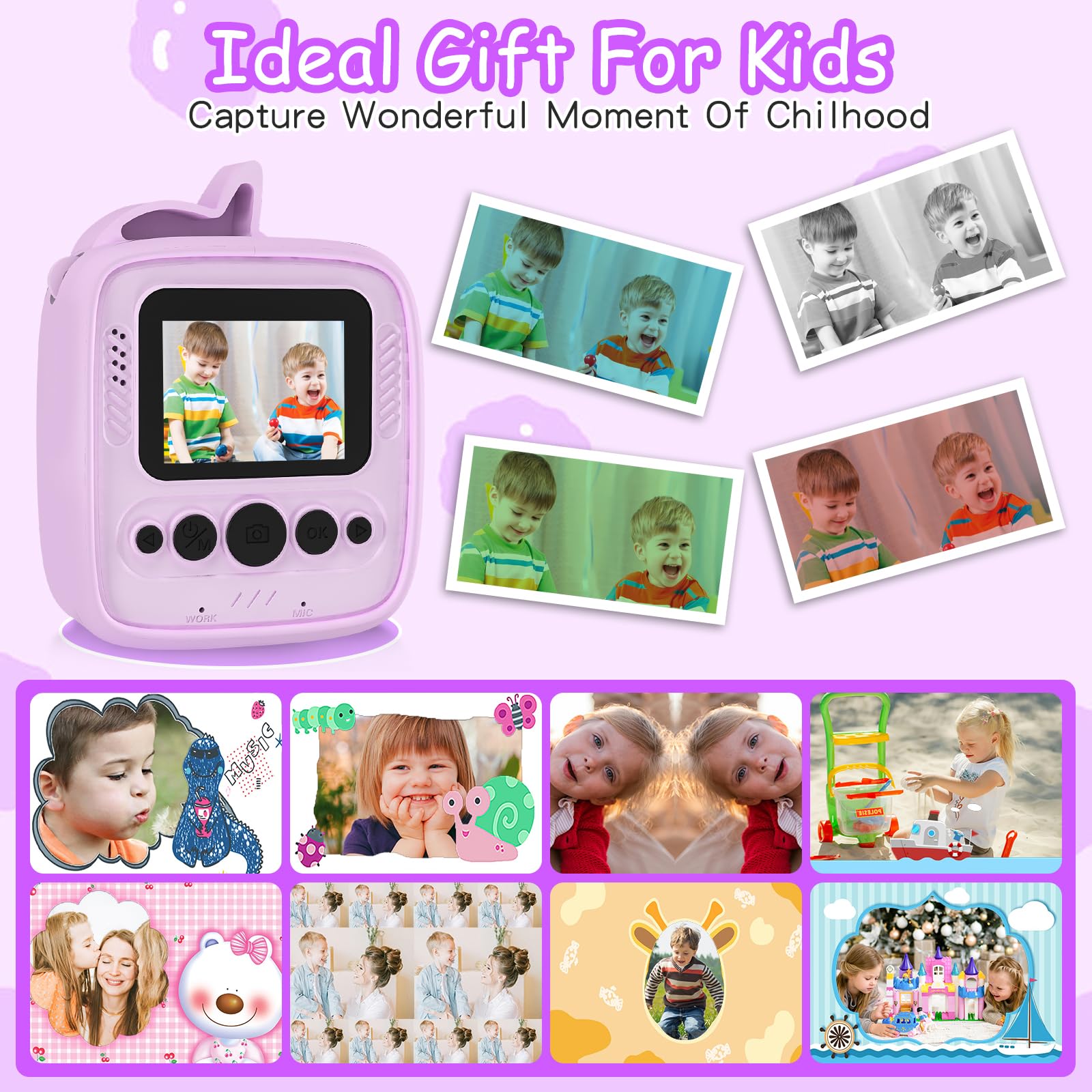 Appareil Photo Instantané Enfants, 1080P HD 48MP Appareil Photo Enfants avec 32GB Carte, 3 Rouleaux de Papier d'impression & Étui Protection en Silicone Unicorn, Cadeaux de Noël pour Garçon 3-12 Ans