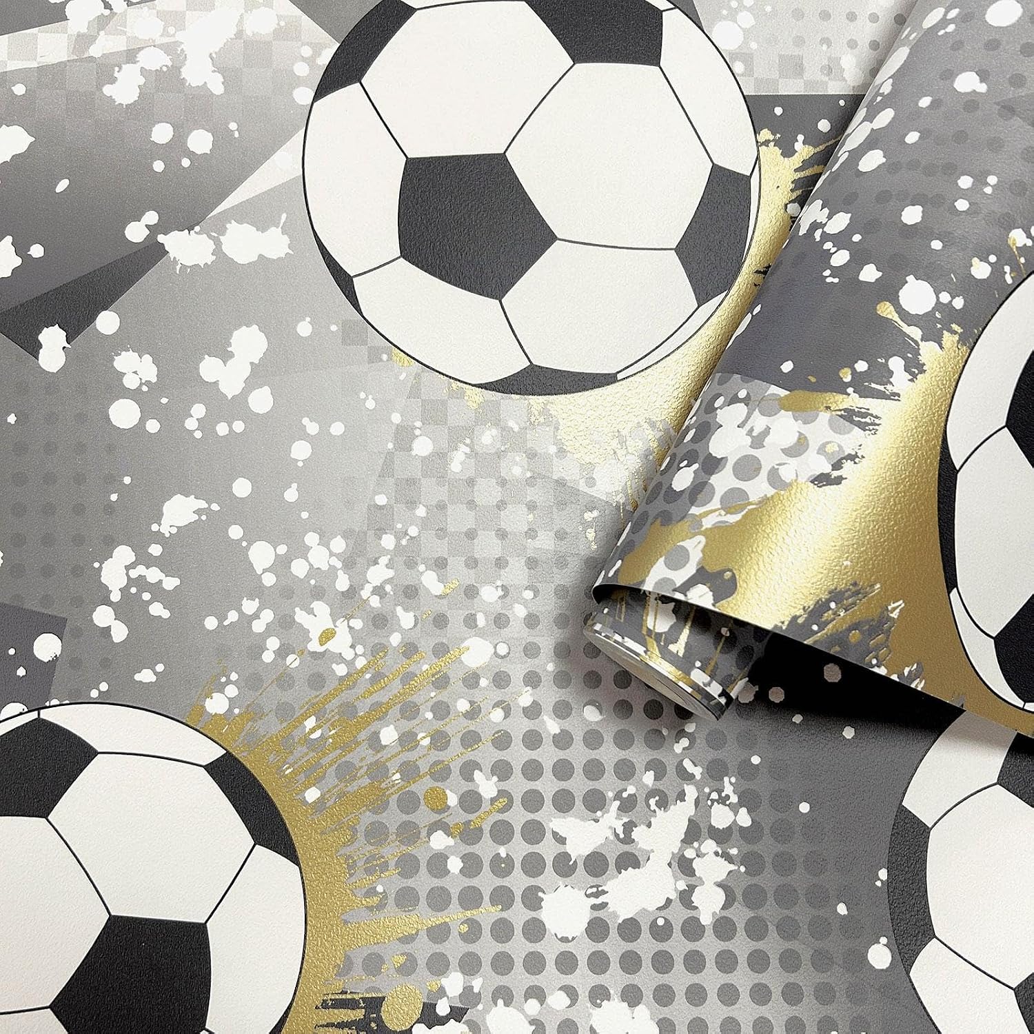 Holden Storybook Football Frenzy Sport Themed Metallic Textured Wallpaper for Kids Bedrooms, Playrooms in Black/Gold 14090