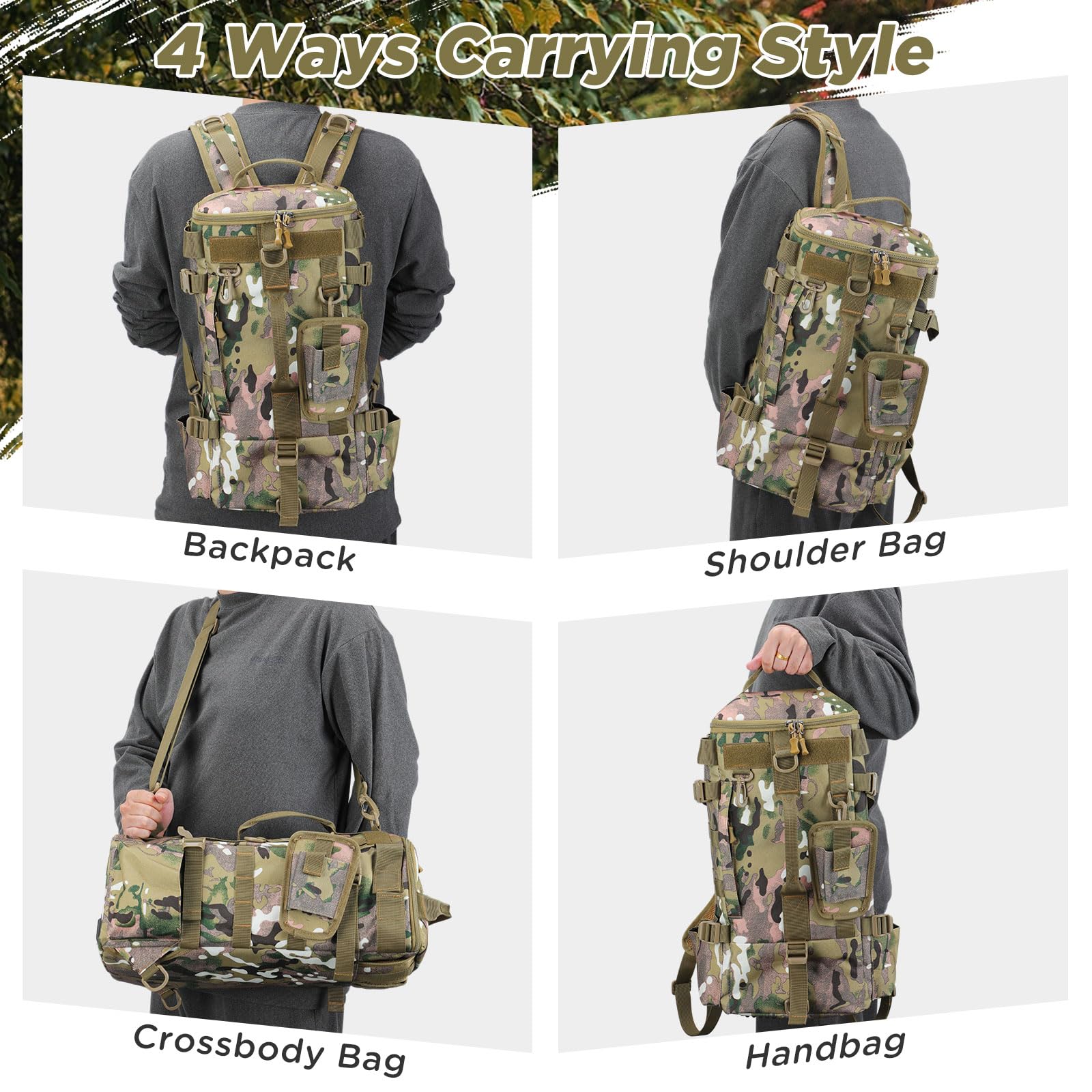 Zaino da Pesca, Borsa Impermeabile per Attrezzatura da Pesca, Borsa a Tracolla Mimetica Tattico Militare Molle per Escursionismo, Campeggio, Viaggio, Ciclismo