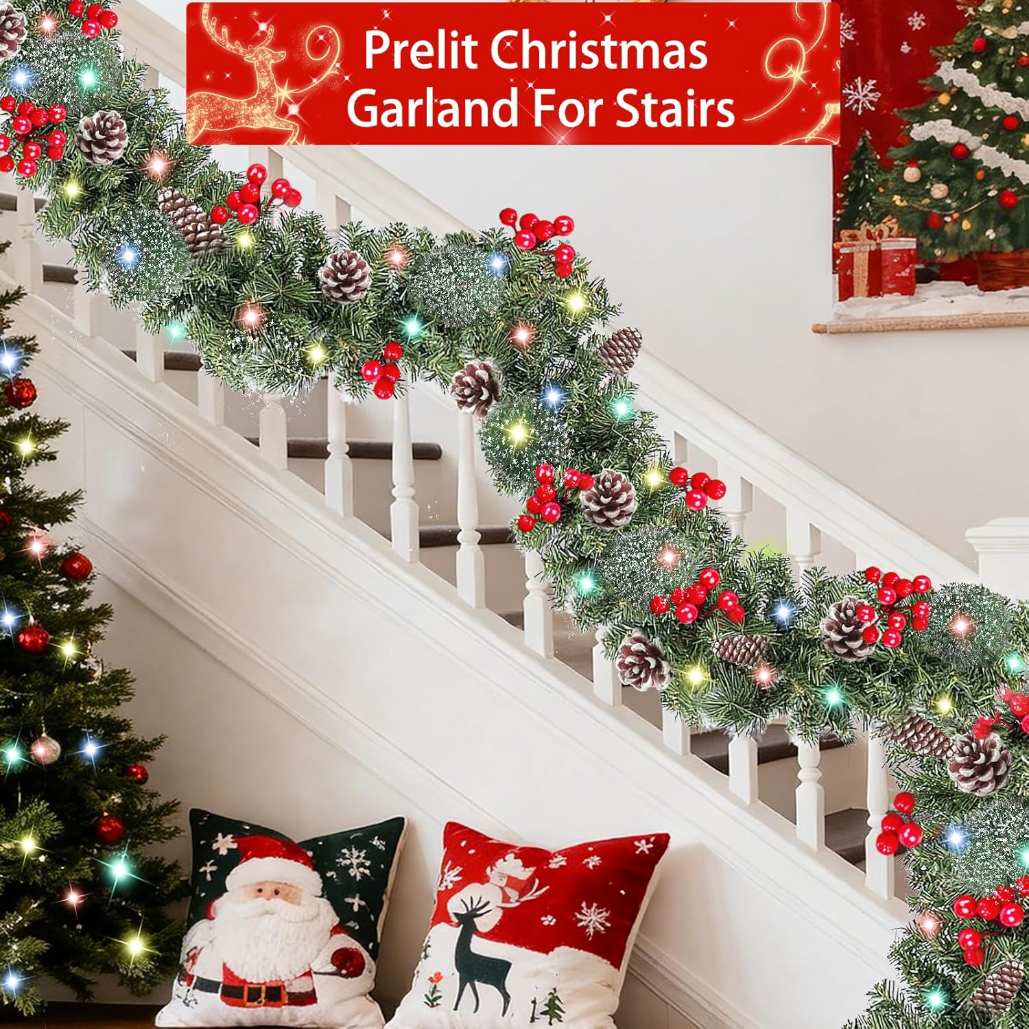 [ Timer & 8 Modes ] TURNMEON 9 Ft Christmas Garland with 50 Colorful Lights Thicker 270 Branchs Tips 10 Pinecones 70 Red Berries Lighted Garland Christmas Decorations Mantel
