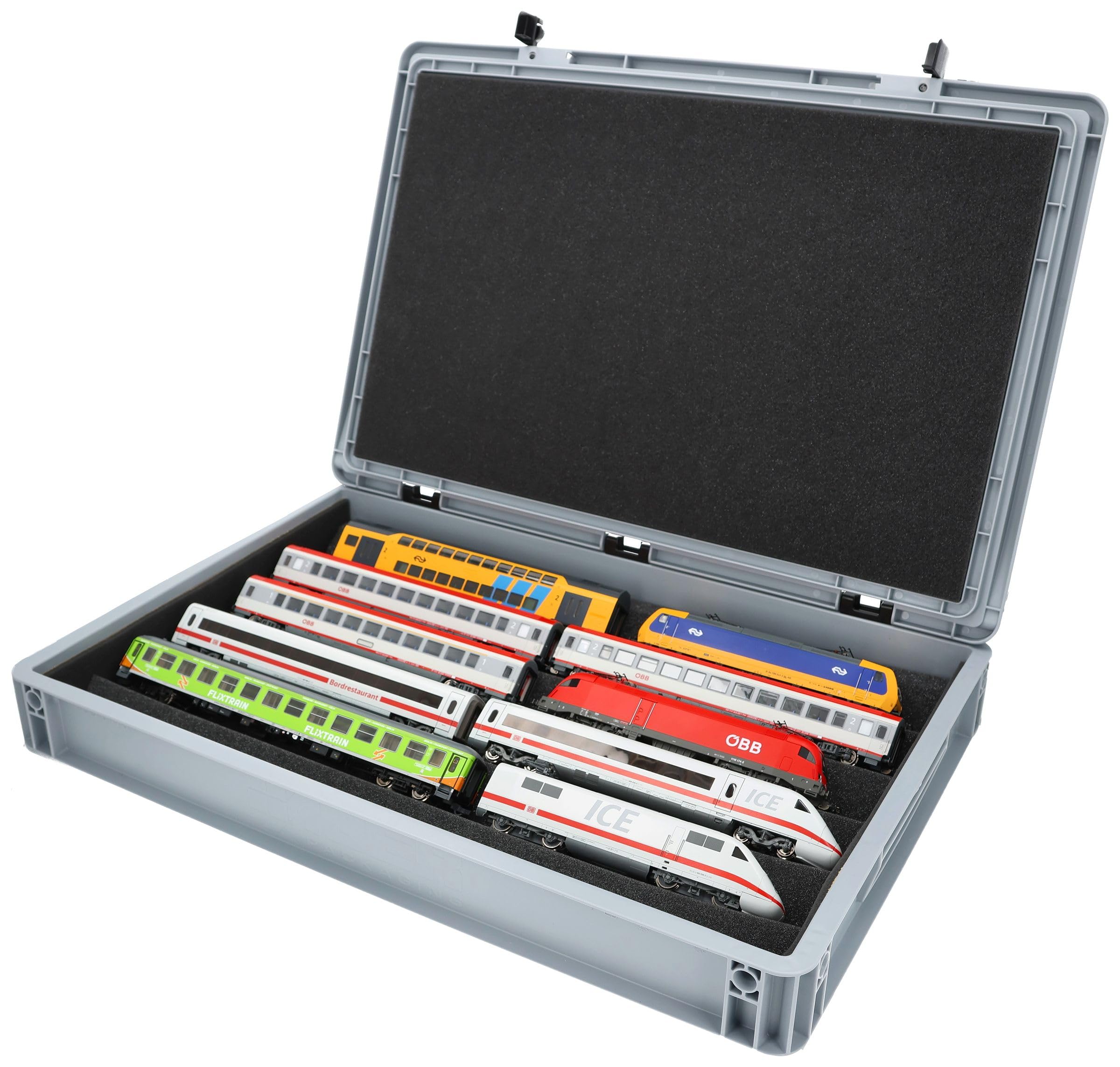 Feldherr H0 Model Railway 3-in-1 System - 60x40 Eurobox with V-Shaped Train Tray for Storage, Display & Transport - Made in Germany