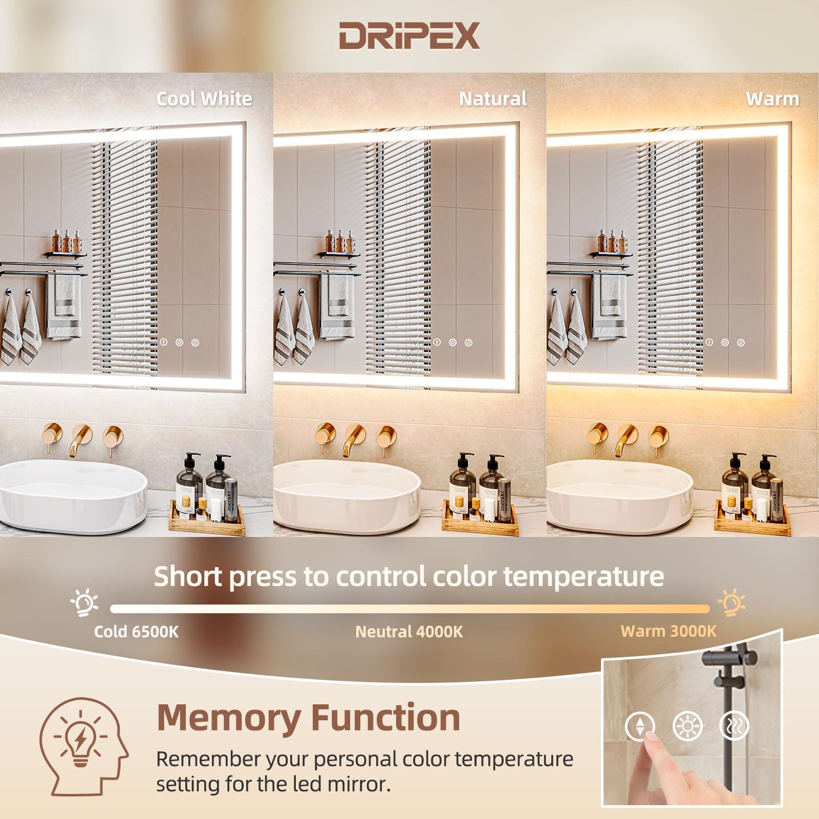 Dripex Miroir Salle de Bain 60x80cm avec éclairage, Miroir Lumieux Mural Dimmable avec 3 Couleurs Lumineuses, Fonction Mémoire, Interrupteur Tactile