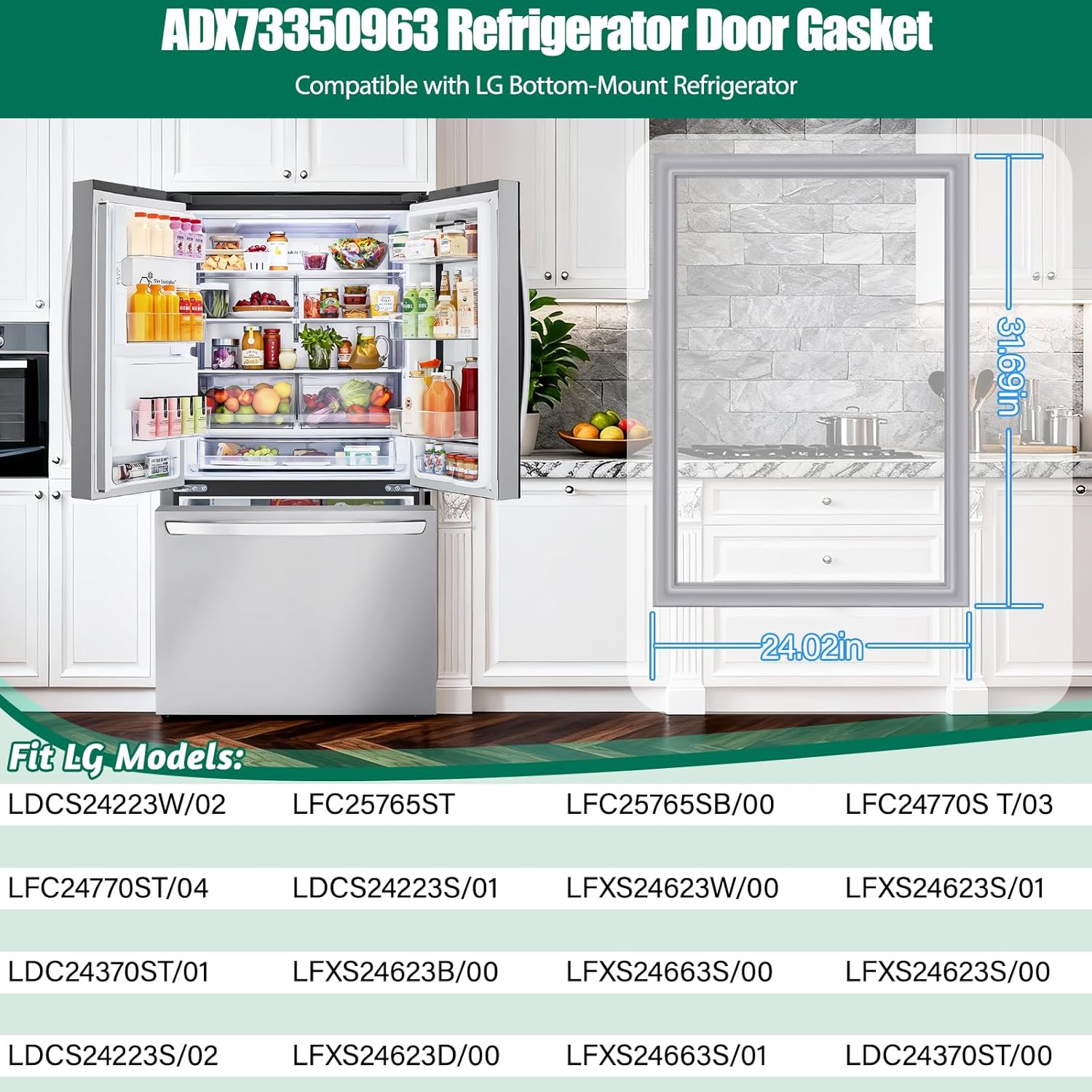 UPGRADED ADX73350963 Freezer Door Gasket Replacement Compatible with LG Bottom-Mount Refrigerator ADX73350953 Freezer Door Seal, Replaces LFXS24623W LFXS24663S LFXS24623S Freezer Door Gasket