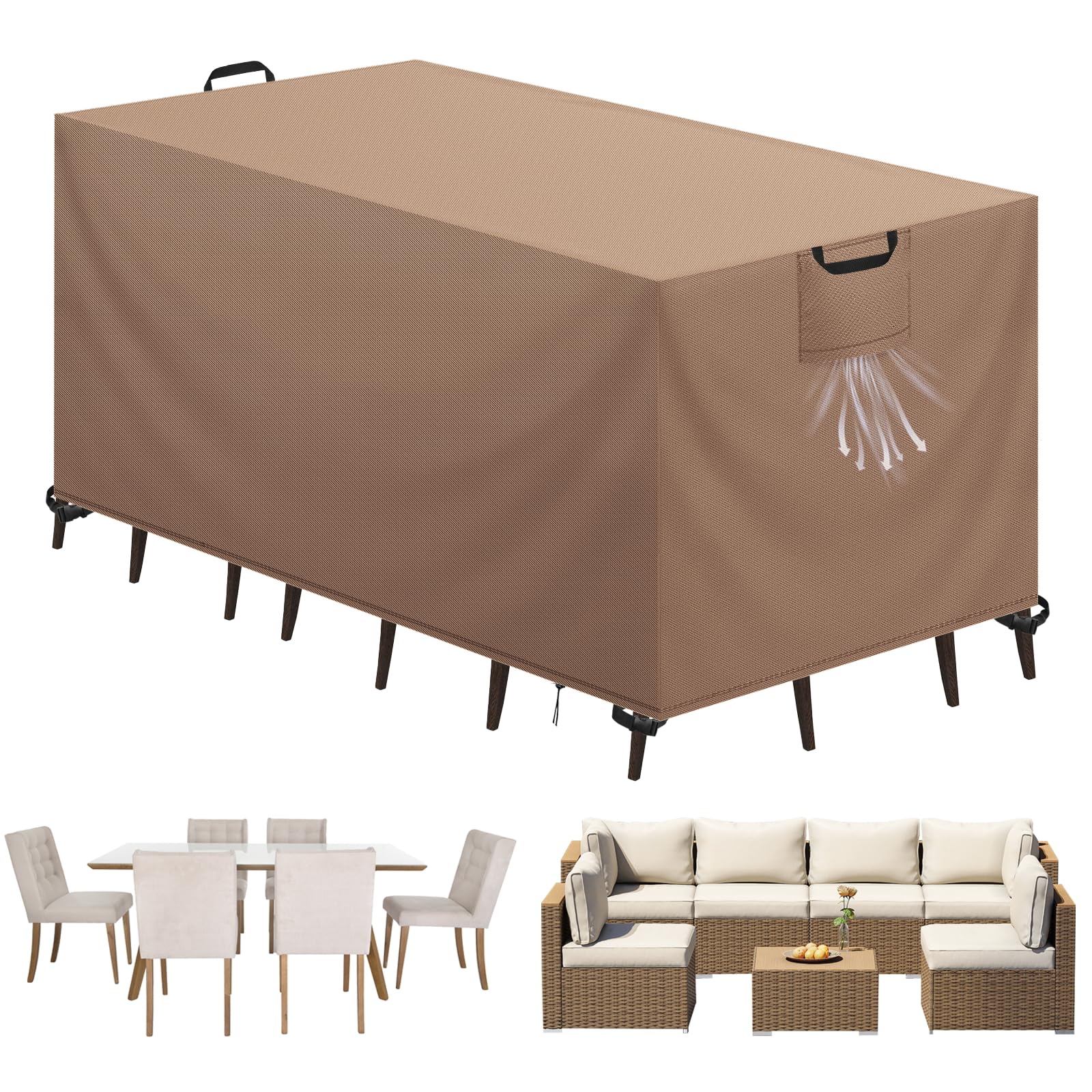 Aujink Funda Mesa Exterior Impermeable, Funda para Muebles de Jardín, Cubierta para Muebles de Jardin Tela Oxford 420D Anti Viento Anti UV Funda Protectora Mesa Exterior, Caqui,125x63x74cm