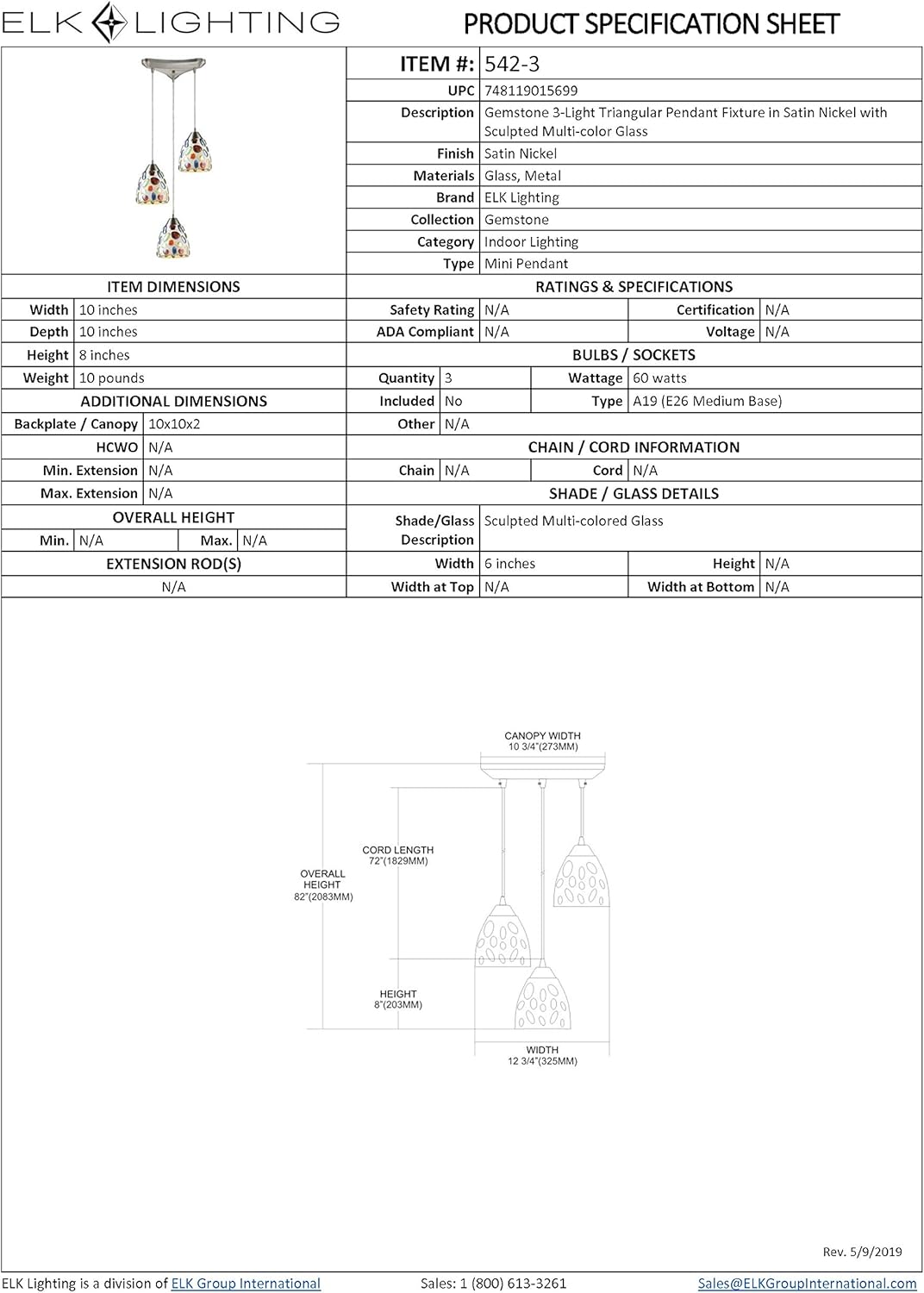 80% Off Discount Elk 542-3 3 Gemstone Satin Nickel Hardware Pendant Light, Triangle