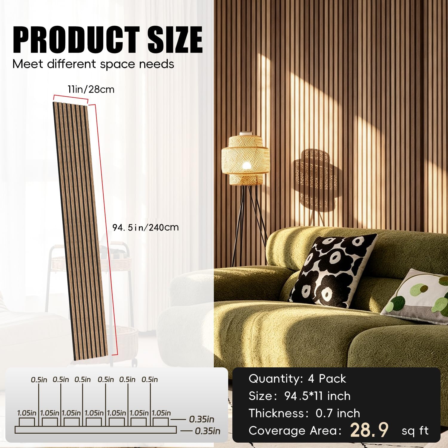  Wood Slat Panels for Wall 2-Piece 94.5"×11" Acoustic Panels for Interior Wall Decor 3D Fluted Sound Absorbing Panel - Natural Walnut | Interior Wall Décor • 3D Fluted Design • Sound Absorbing • Easy Installation • Lightweight thumbnail