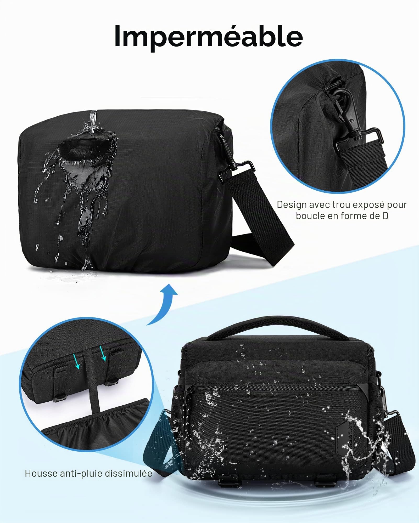 bagsmart Sacoche étanche pour appareil photo reflex numérique avec housse de pluie, petit étui pour petits trépieds, Noir , Valise