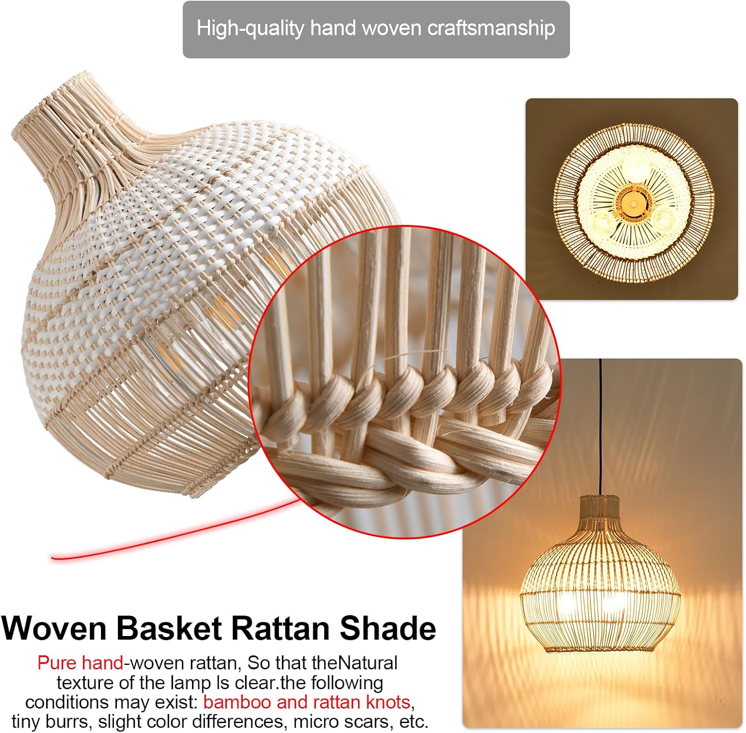 15" Rattan Pendant Light Fixture,3-Light Hand-Woven White Wicker Basket Chandelier Boho Faux Rattan Hanging Lamp,for Dining Living Bedroom Kitchen1-Pack