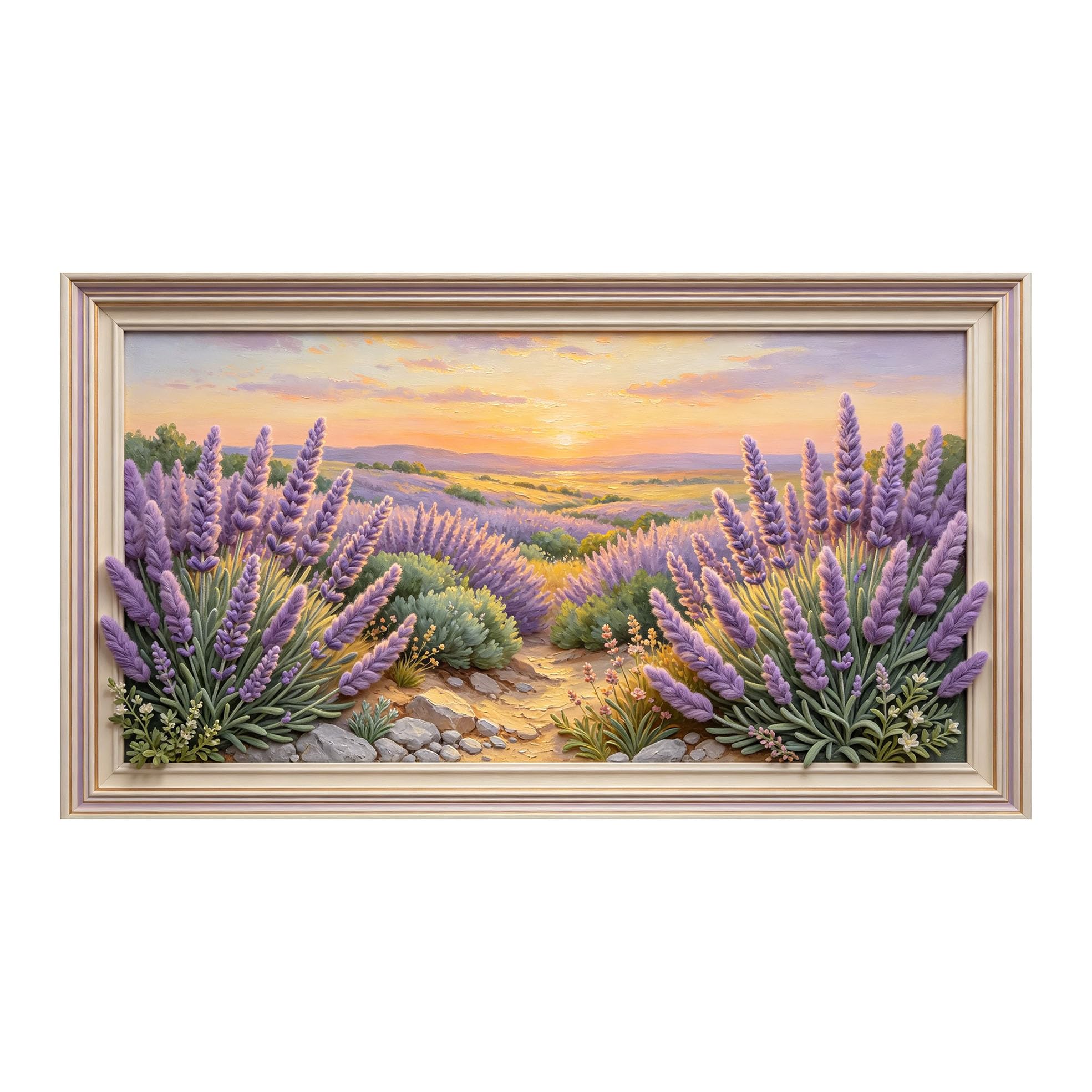 Murasolite 3D Framed Wall Art Lavender Field Sunset Landscape Oil Painting SelfAdhesive Fabric Mural Wall Decor， Peel and Stick No Damage to Wall， AntiFall Safe Design for Bedroom Living Room