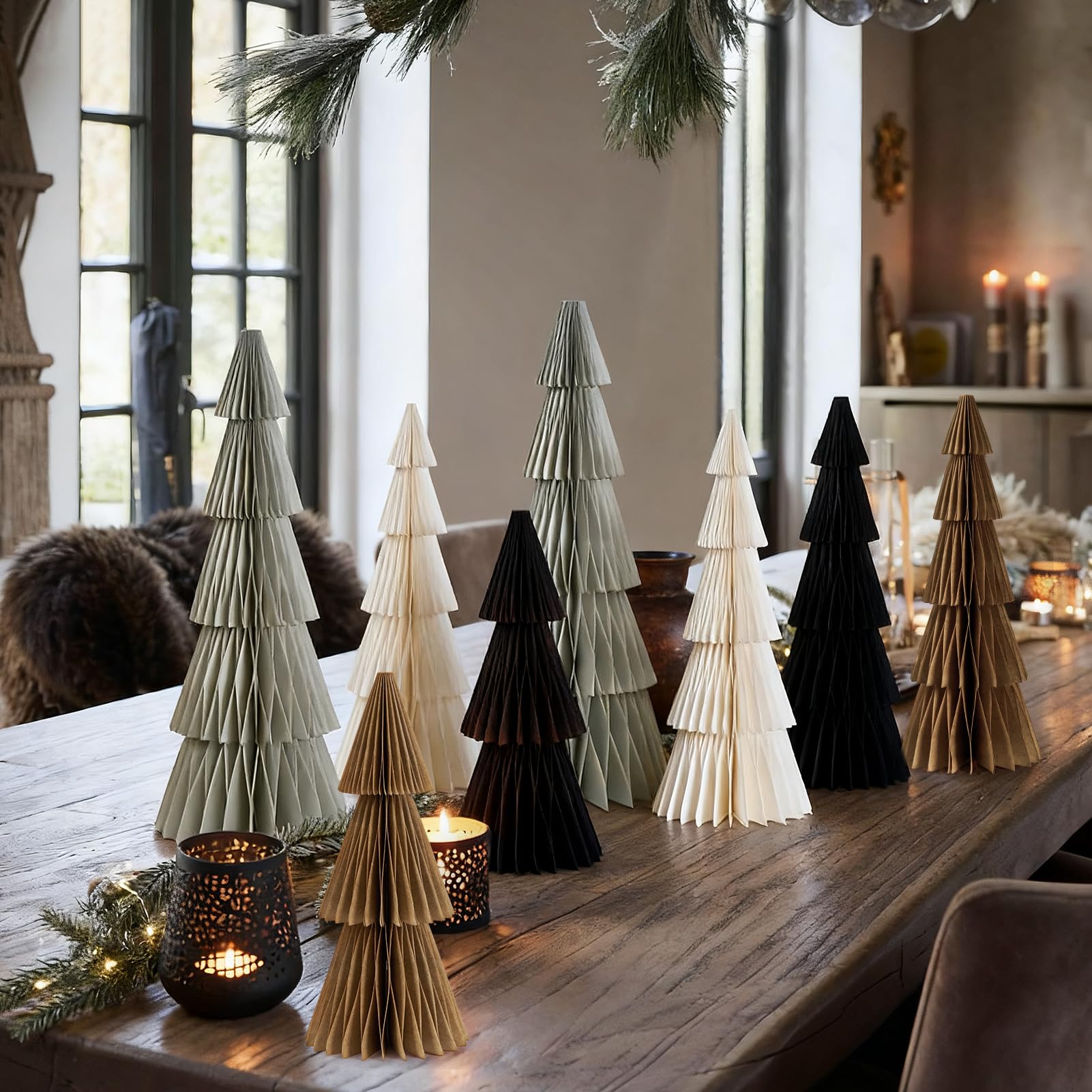 SUNBEAUTY Lot de 8 sapins de Noël en papier nid d'abeille - Décoration d'arbre en papier 3D - Design magnétique - Pour table à manger, armoire, rebord de fenêtre, cheminée, décoration de Noël