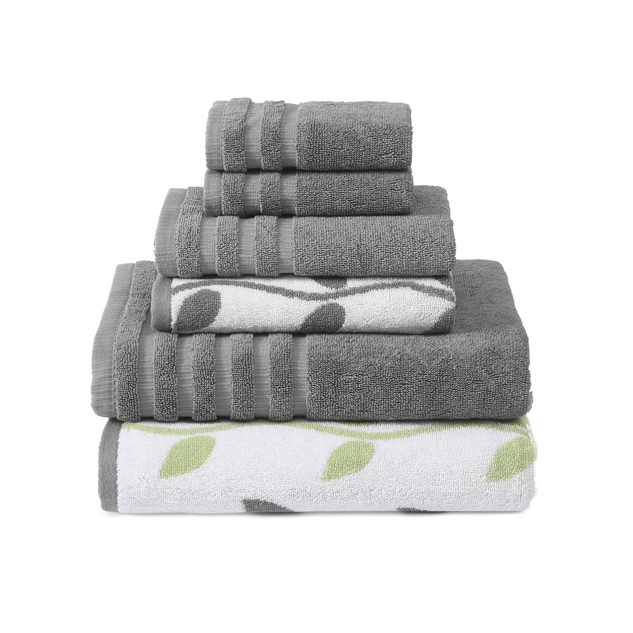 Modern Threads Organic Vines 100% Cotton 6 Piece Towel Set - Yarn-Dyed Jacquard & Solid - 2 Bath Towels, 2 Hand Towels, 2 Washcloths - Absorbent, Quick Drying, Soft and Durable - Grey